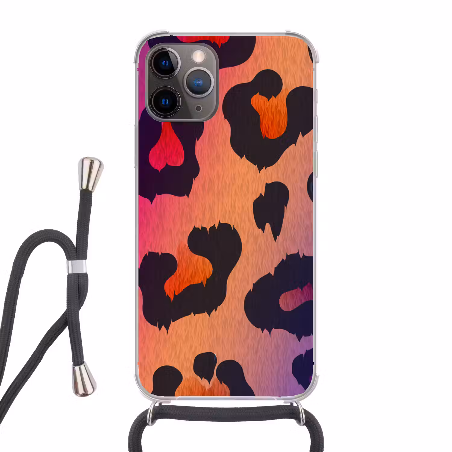 Panterprint - Roze - Paars - Oranje Hoesje iPhone 12 Pro met koord klein -3d