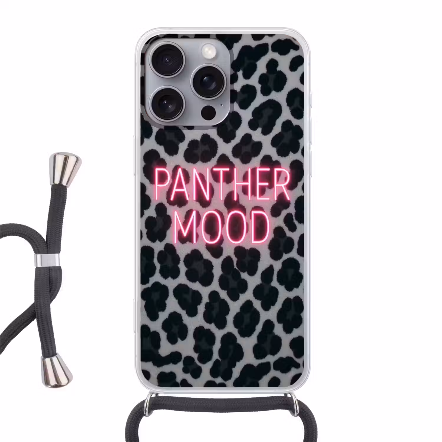 Panterprint - Zwart - Neonletters - Roze Hoesje iPhone 16 Pro Max met koord klein -3d