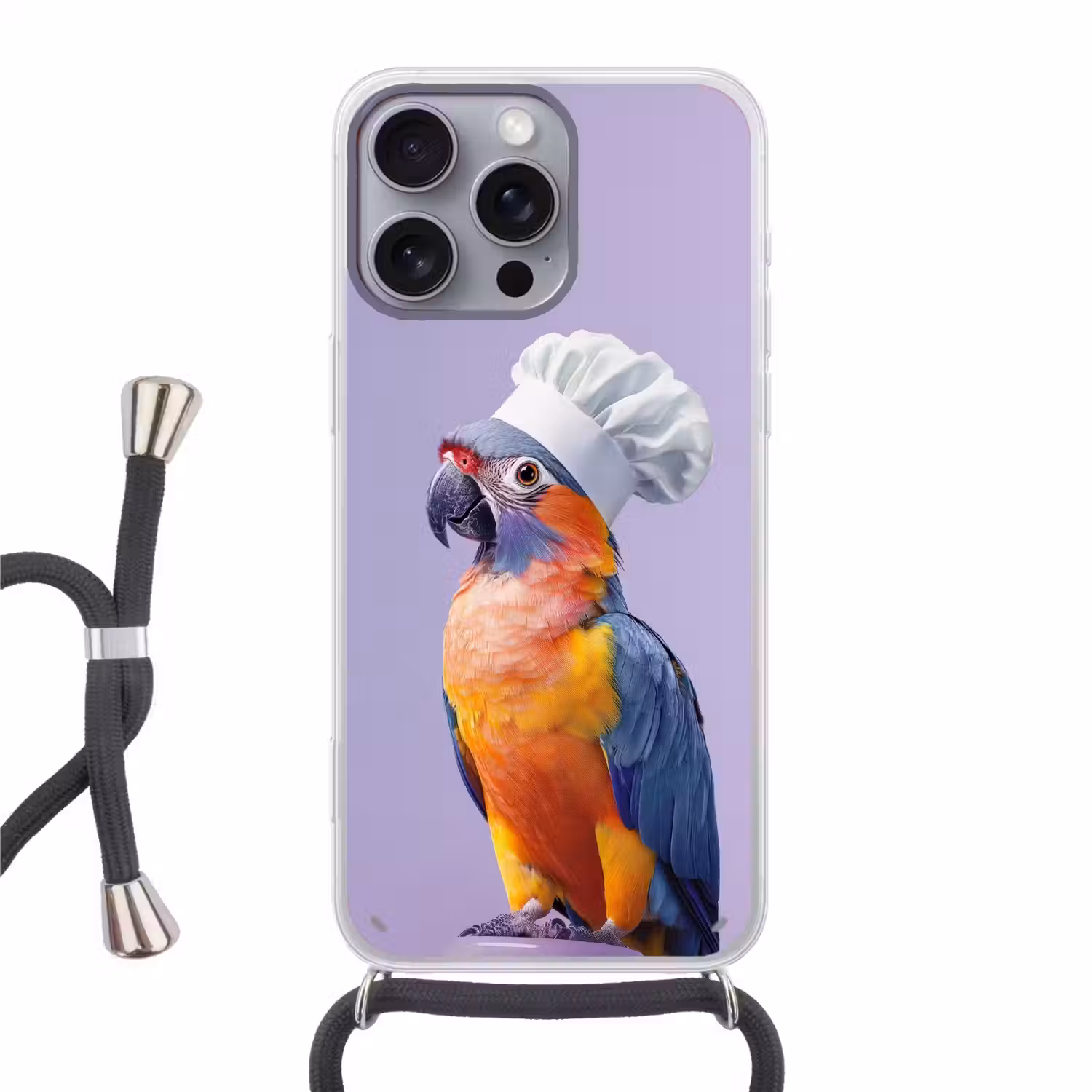 Papegaai - Koksmuts - Paars - Cute Hoesje iPhone 16 Pro Max met koord klein -3d