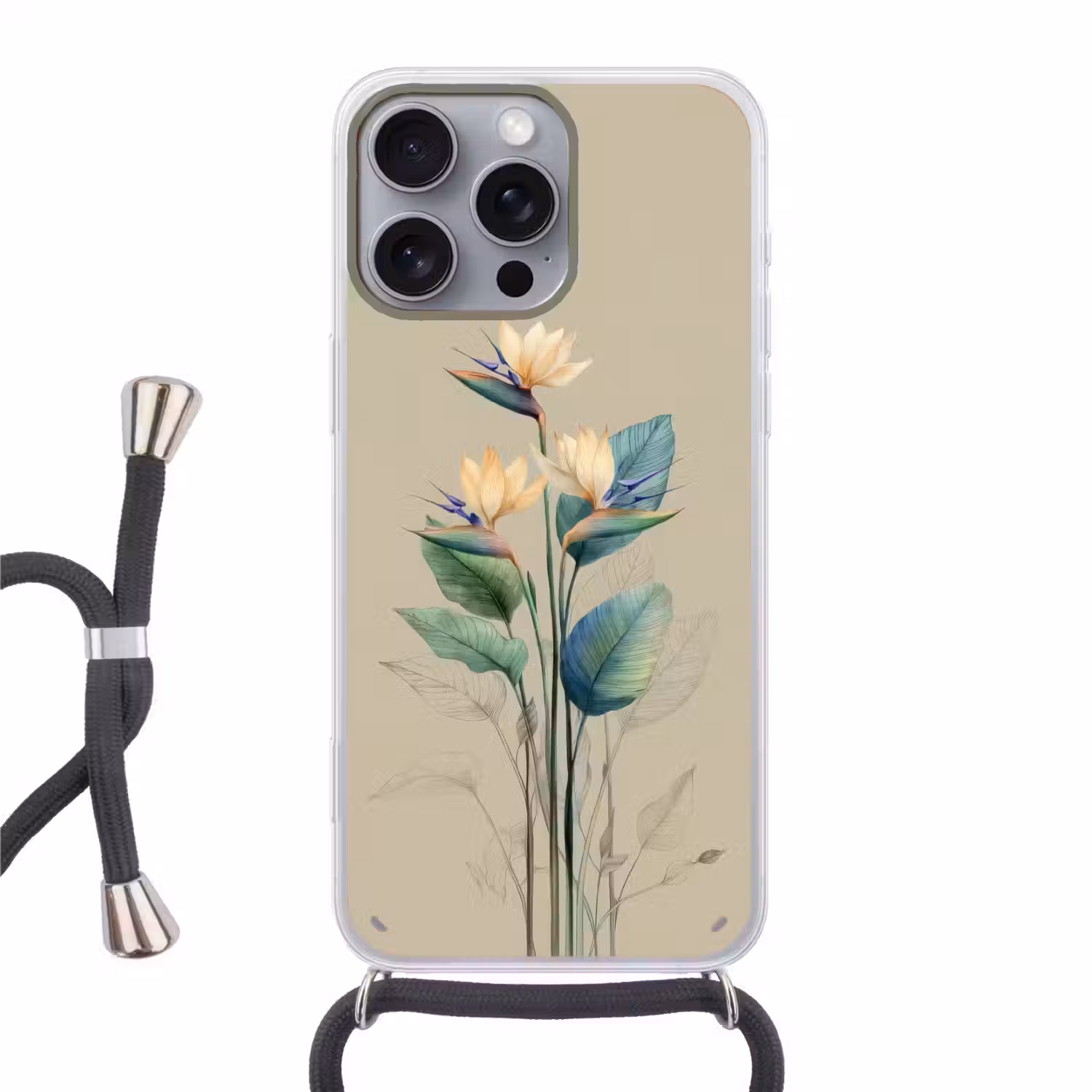 Paradijsvogelbloemen - Blauwgroene bladeren - Beige Hoesje iPhone 16 Pro Max met koord klein -3d