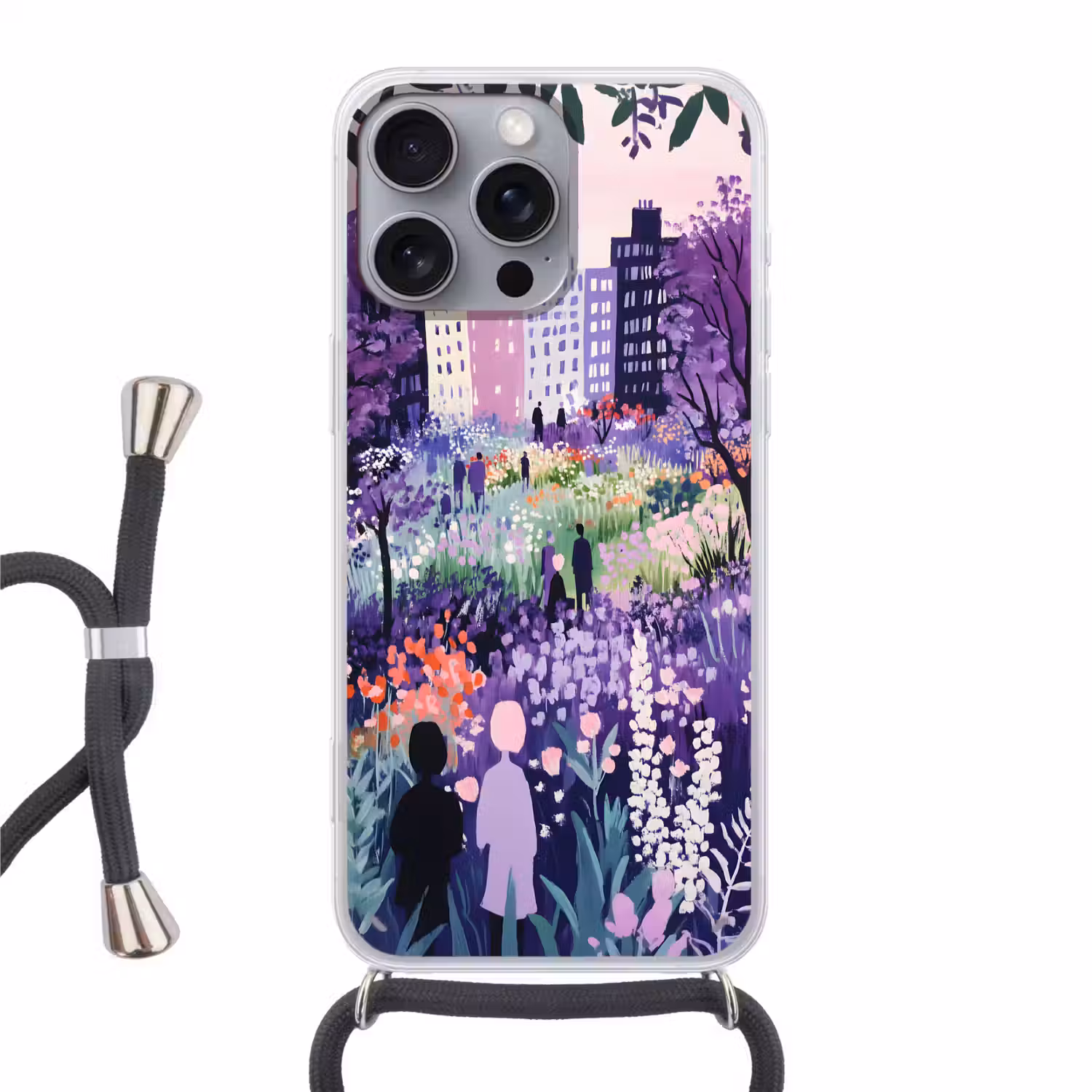 Park - Bomen - Bloemen - Gebouwen Hoesje iPhone 16 Pro Max met koord klein -3d