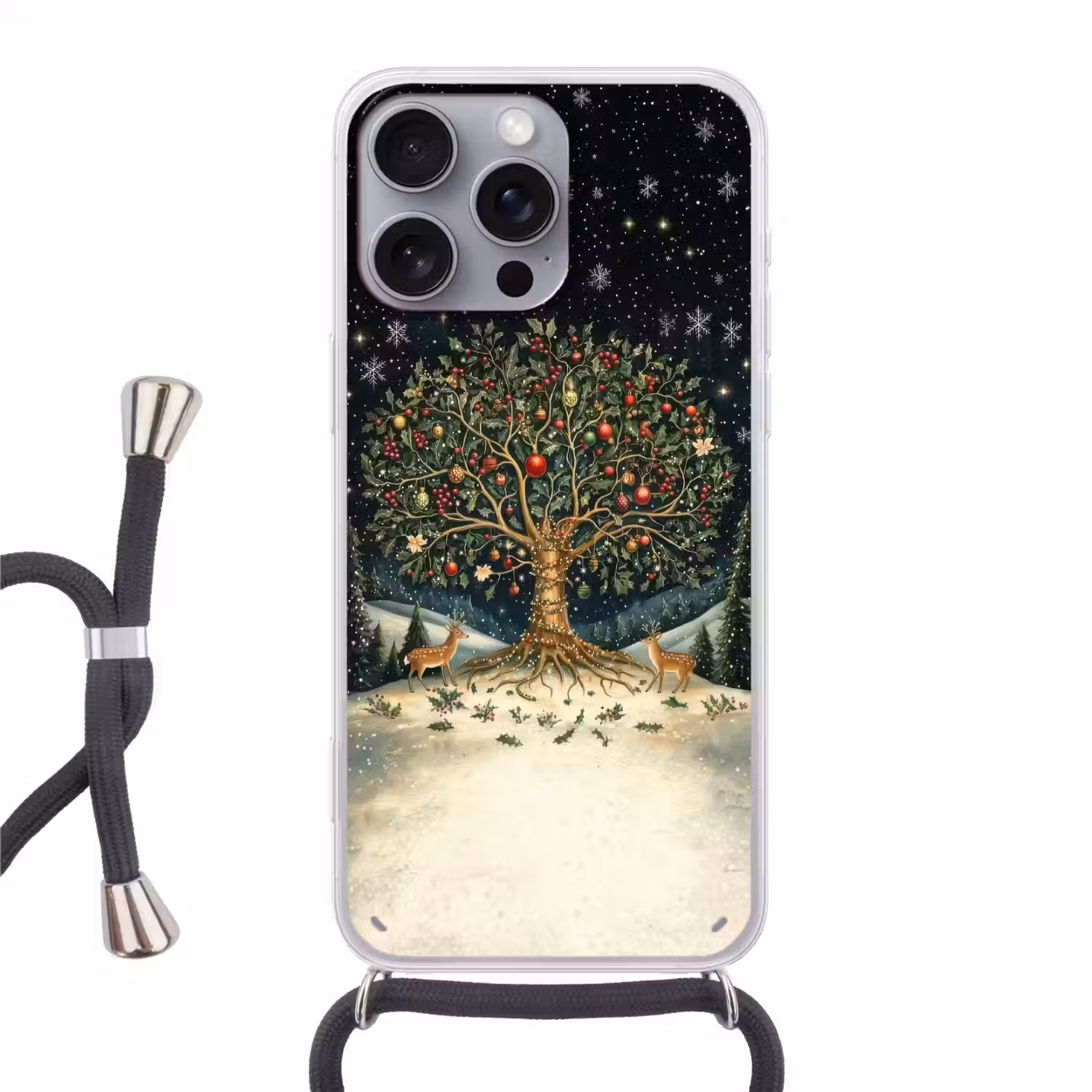 Feestboom - Winterhemel - Kleurrijk Hoesje iPhone 16 Pro Max met koord klein -3d