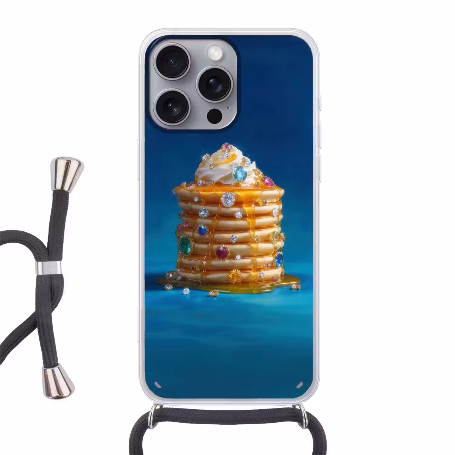 Pannenkoeken - Steentjes - Glitter - Slagroom Hoesje iPhone 16 Pro Max met koord klein -3d