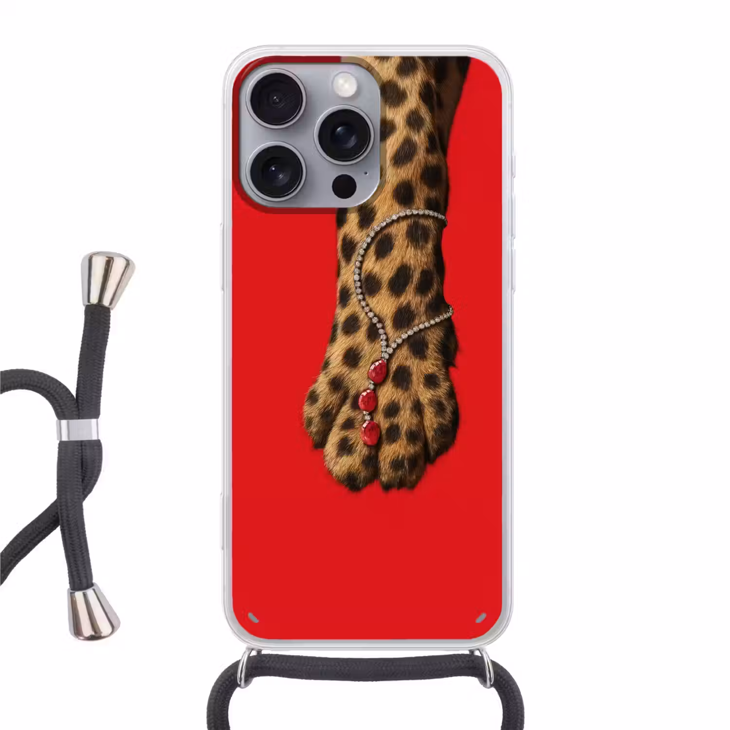 Poot - Luipaard - Ketting - Edelstenen Hoesje iPhone 16 Pro Max met koord klein -3d