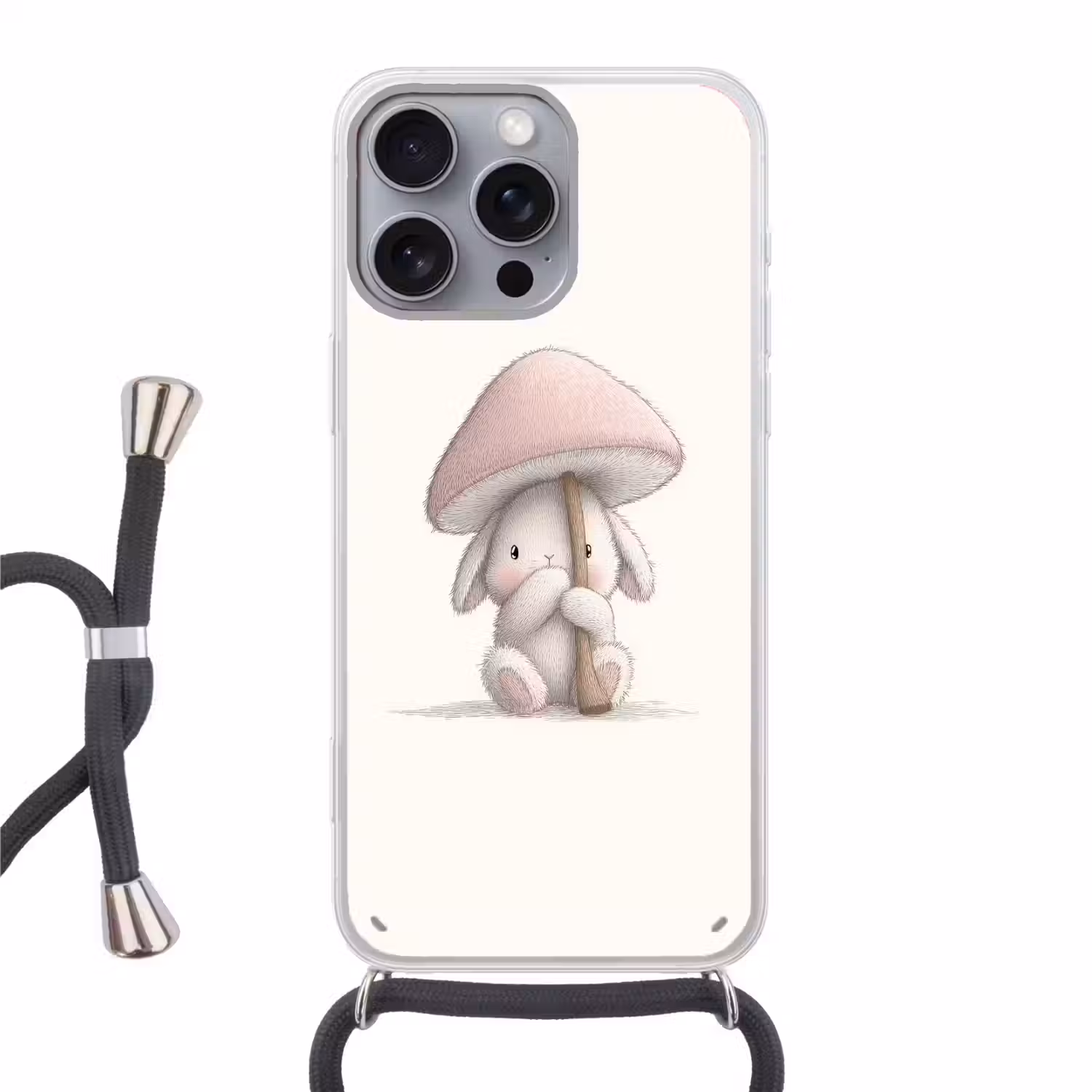 Paddenstoel - Konijn - Roze Hoesje iPhone 16 Pro Max met koord klein -3d