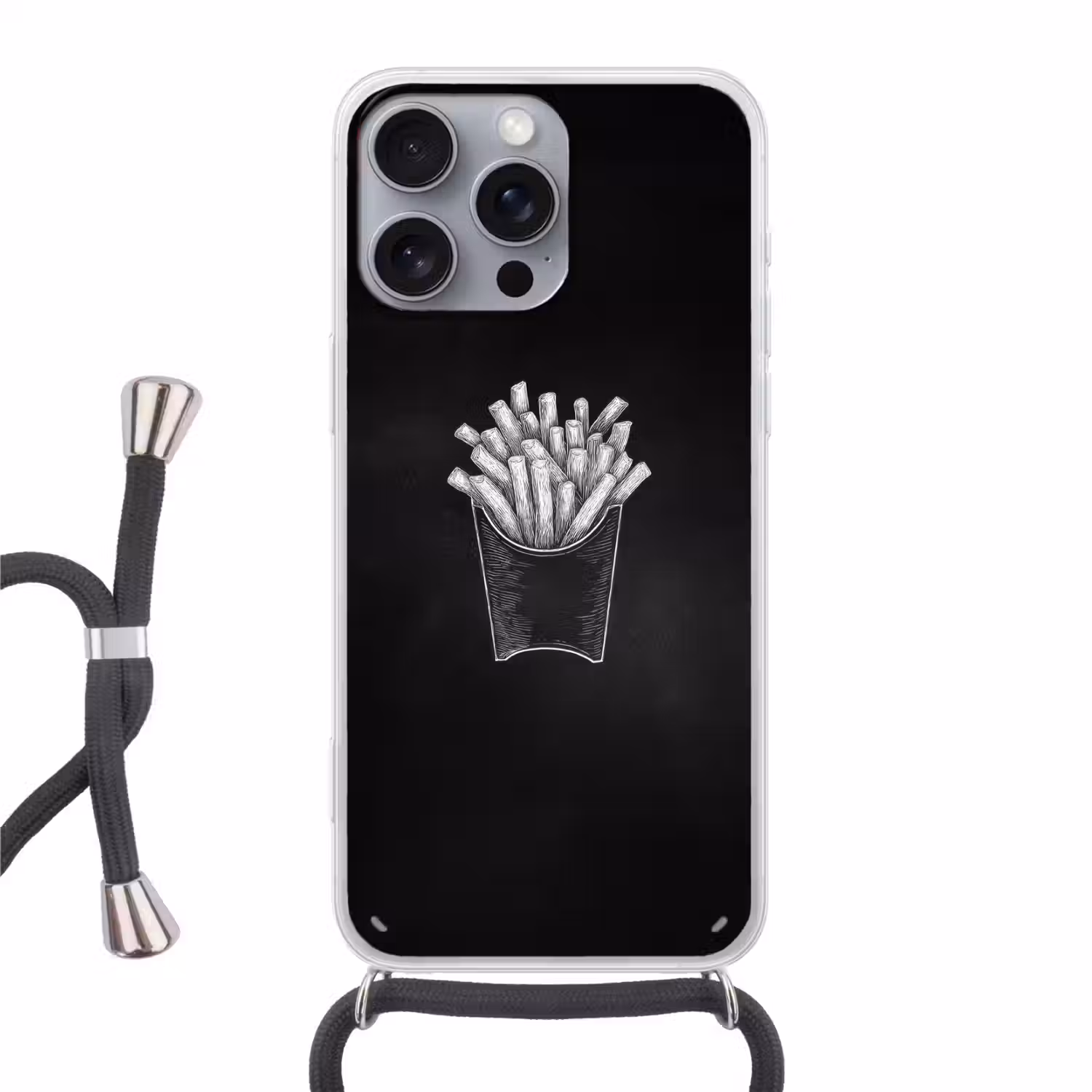 Friet - Witte krijttekening - Zwart Hoesje iPhone 16 Pro Max met koord klein -3d