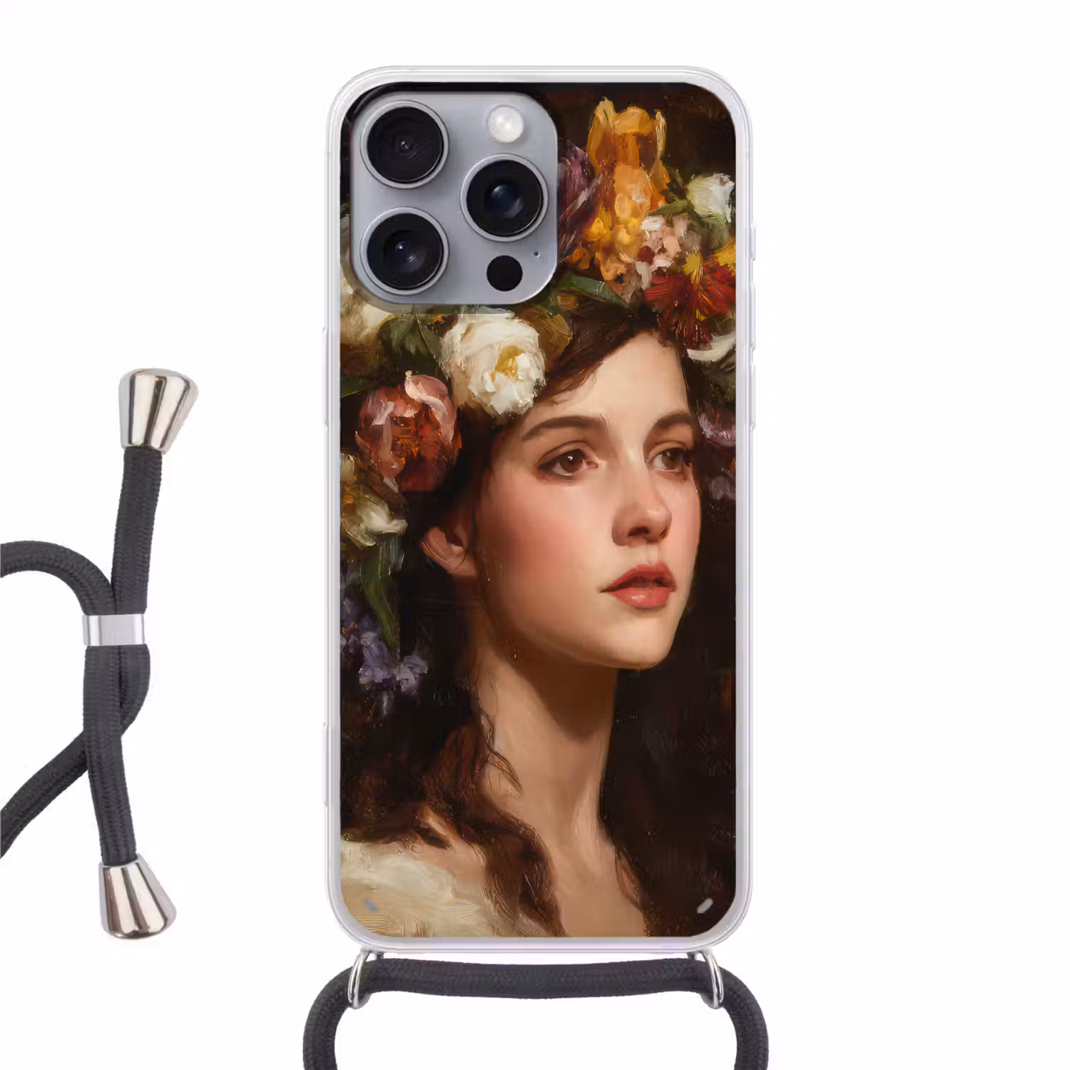 Portret - Vrouw - Bloemen Hoesje iPhone 16 Pro Max met koord klein -3d
