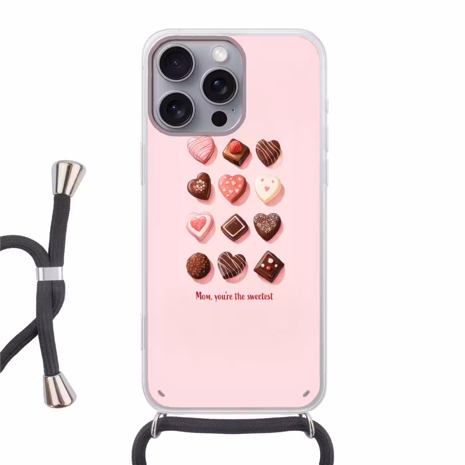 Chocolaatjes - Hartvormig - Liefste Hoesje iPhone 16 Pro Max met koord klein -3d