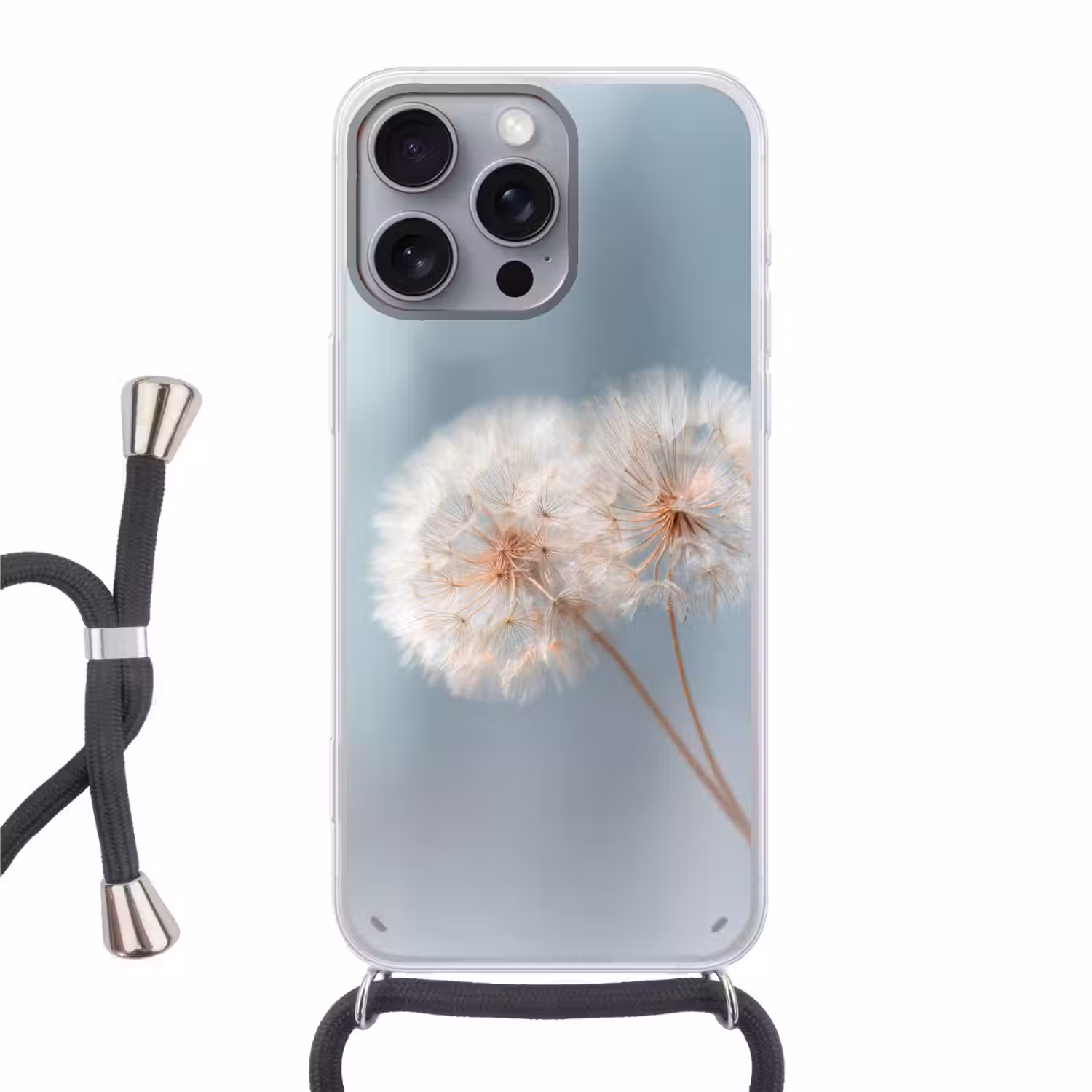 Paardenbloemen - Pluisjes - Wit Hoesje iPhone 16 Pro Max met koord klein -3d
