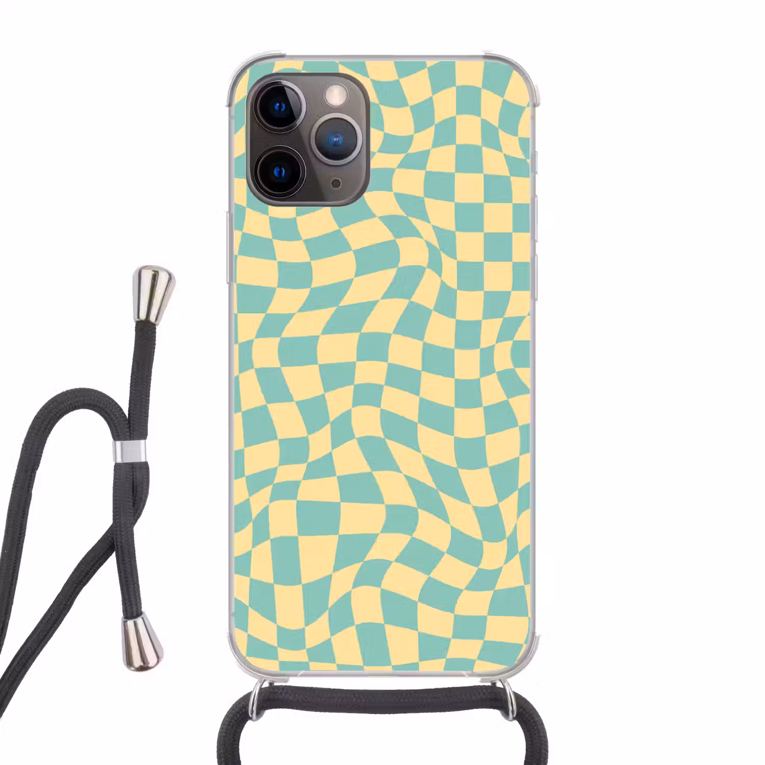Hokjes patroon - Geel - Blauw - Golvende lijnen Hoesje iPhone 12 Pro met koord klein -3d