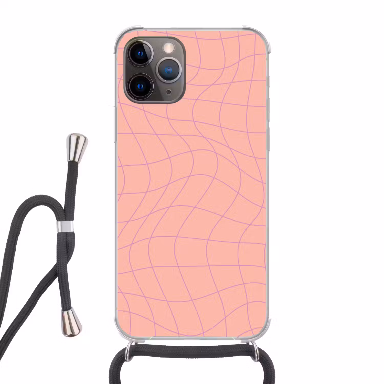 Hokjes patroon - Roze - Paars - Golvende lijnen Hoesje iPhone 12 Pro met koord klein -3d