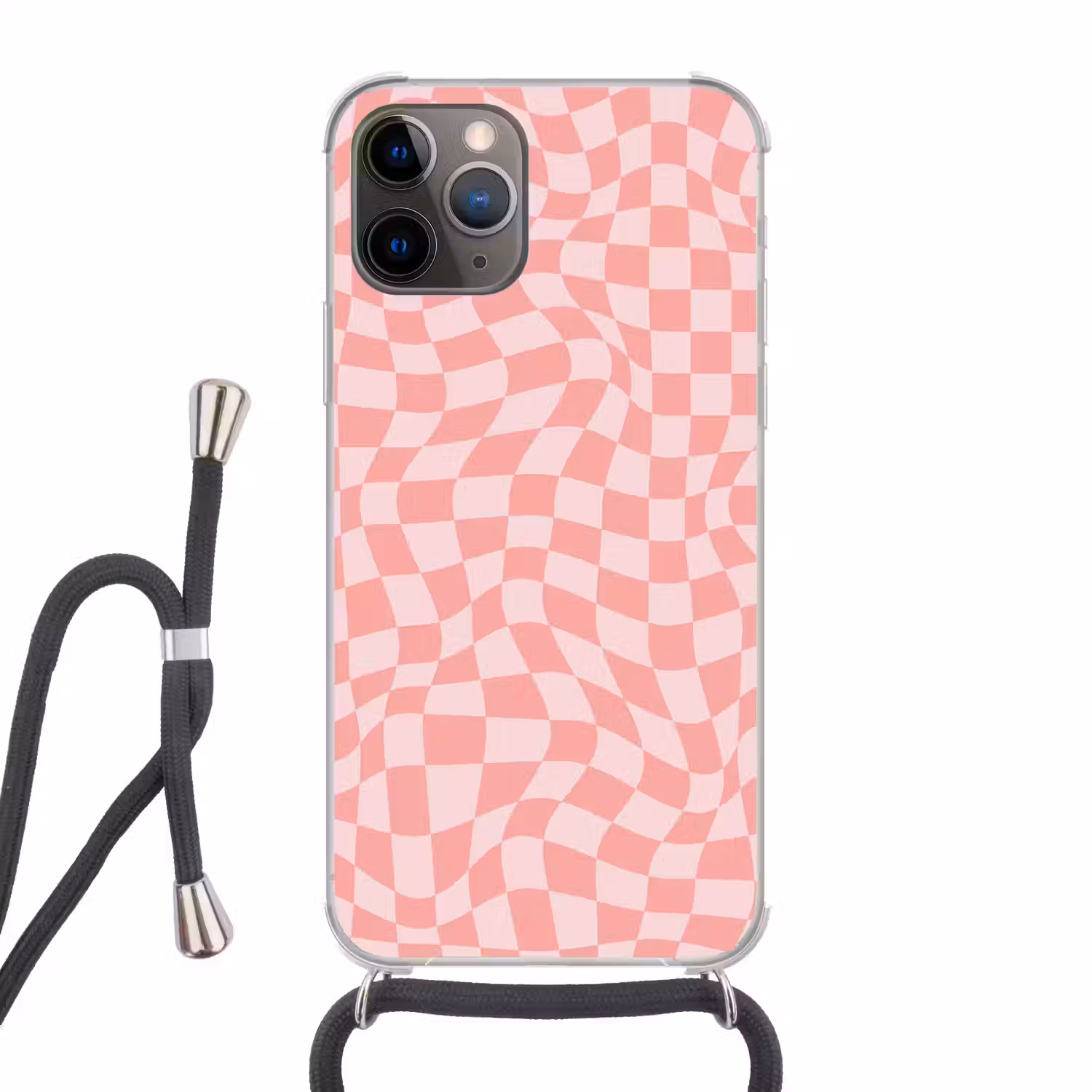 Hokjes patroon - Roze - Golvende lijnen Hoesje iPhone 12 Pro met koord klein -3d