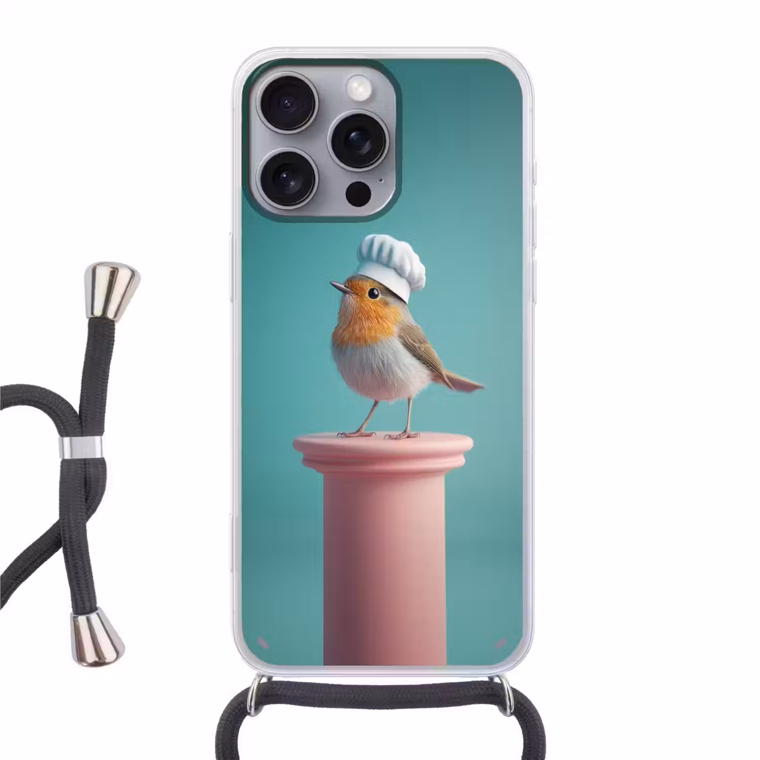 Roodborstje - Vogel - Koksmuts - Sokkel Hoesje iPhone 16 Pro Max met koord klein -3d