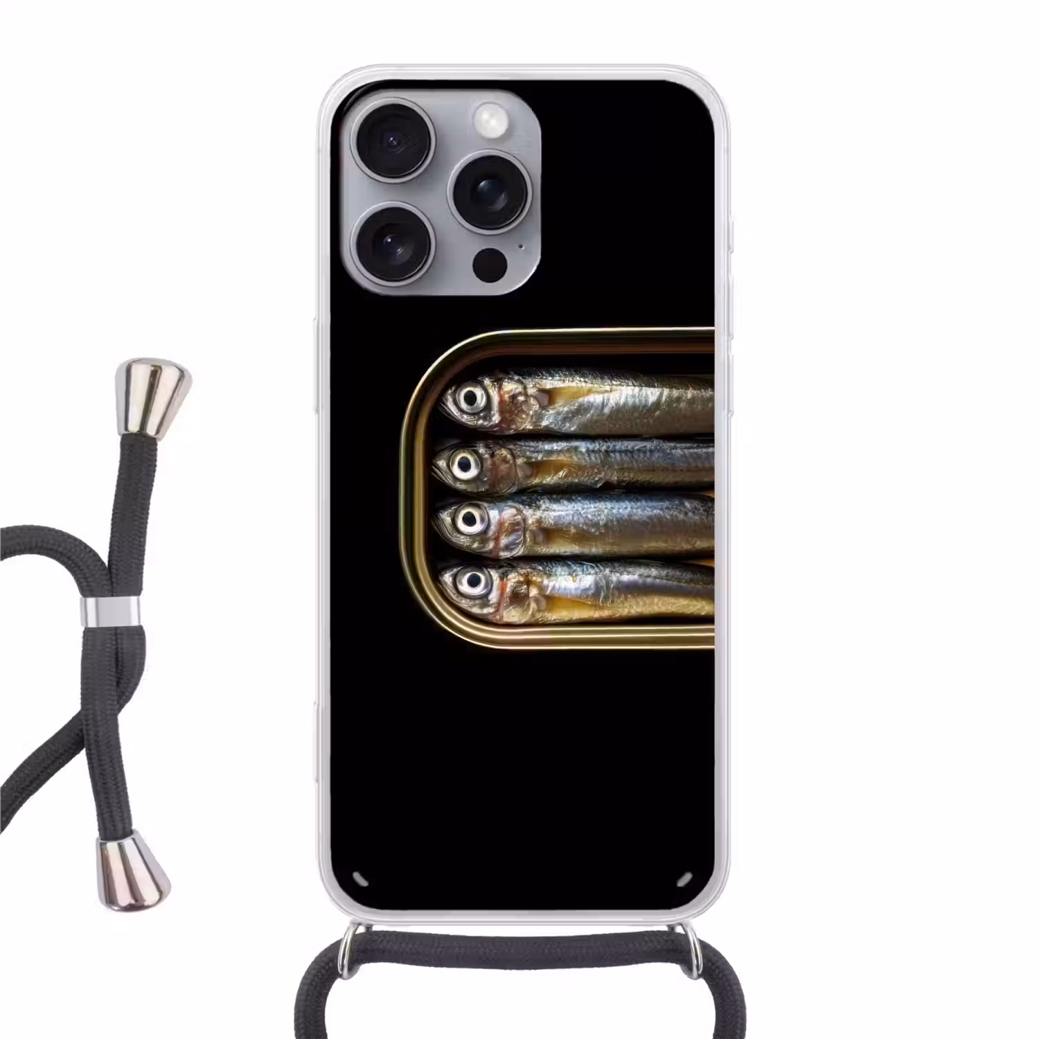 Sardines - Blik - Zwart - Vissen Hoesje iPhone 16 Pro Max met koord klein -3d