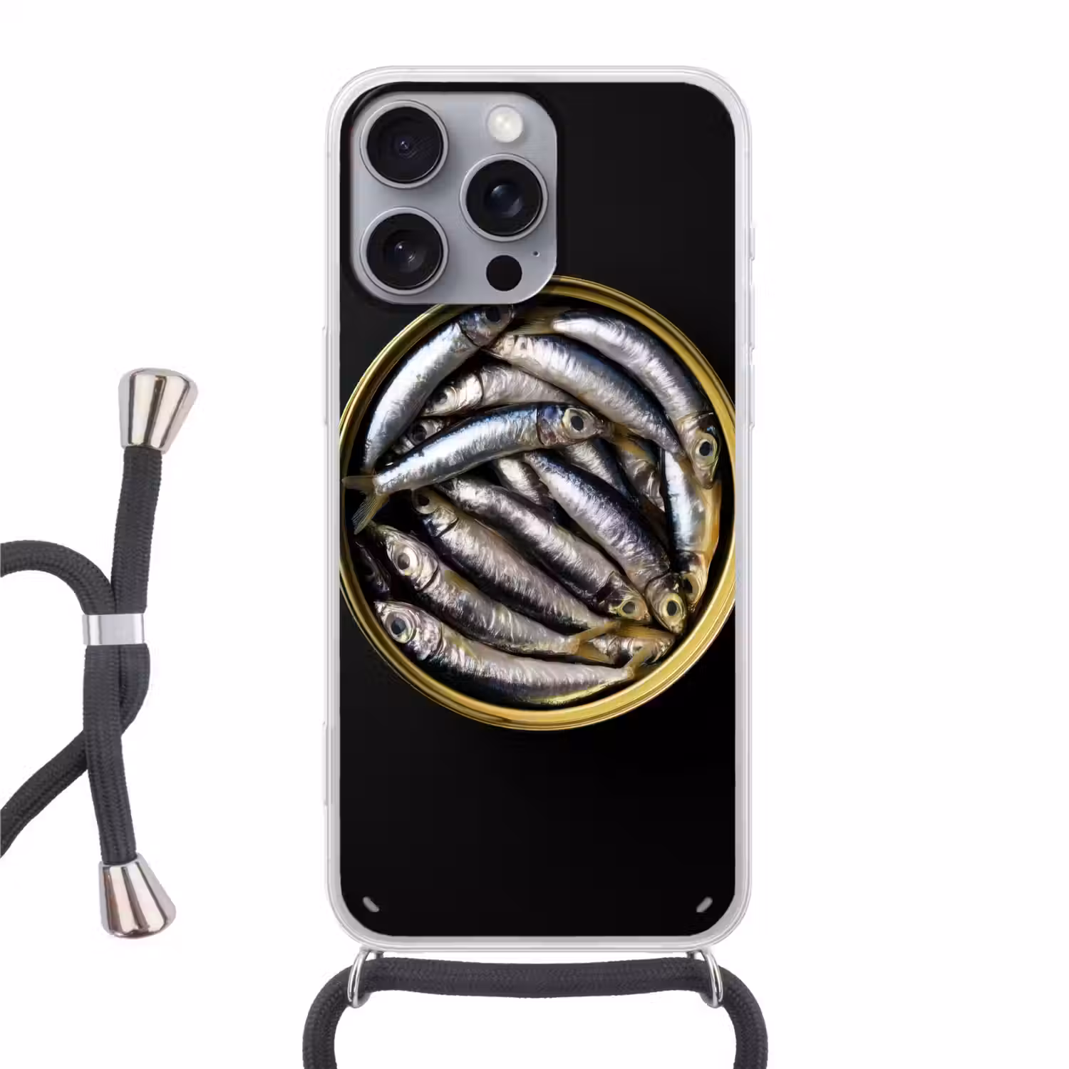 Sardines - Vissen - Rond - Zwart Hoesje iPhone 16 Pro Max met koord klein -3d