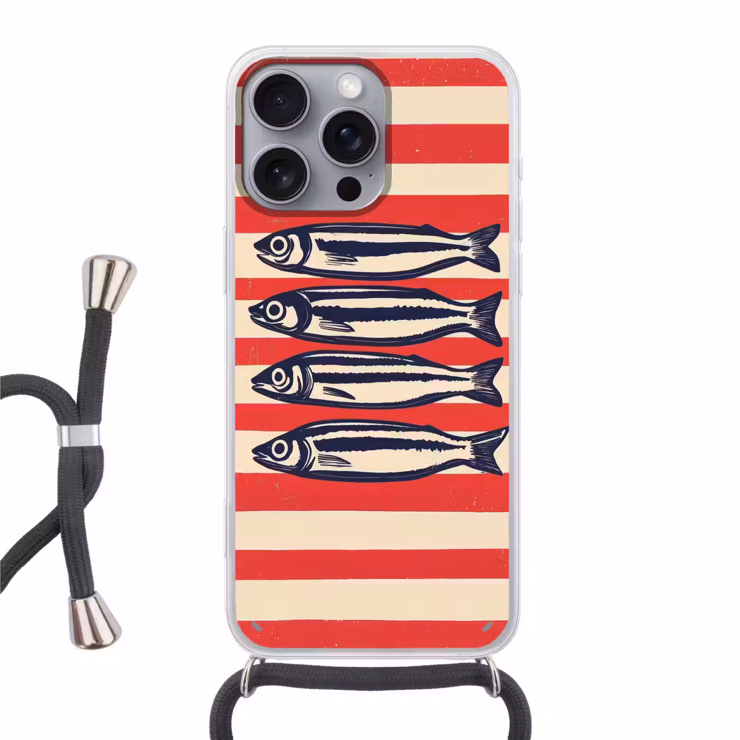 Sardines - Rood en beige strepen Hoesje iPhone 16 Pro Max met koord klein -3d