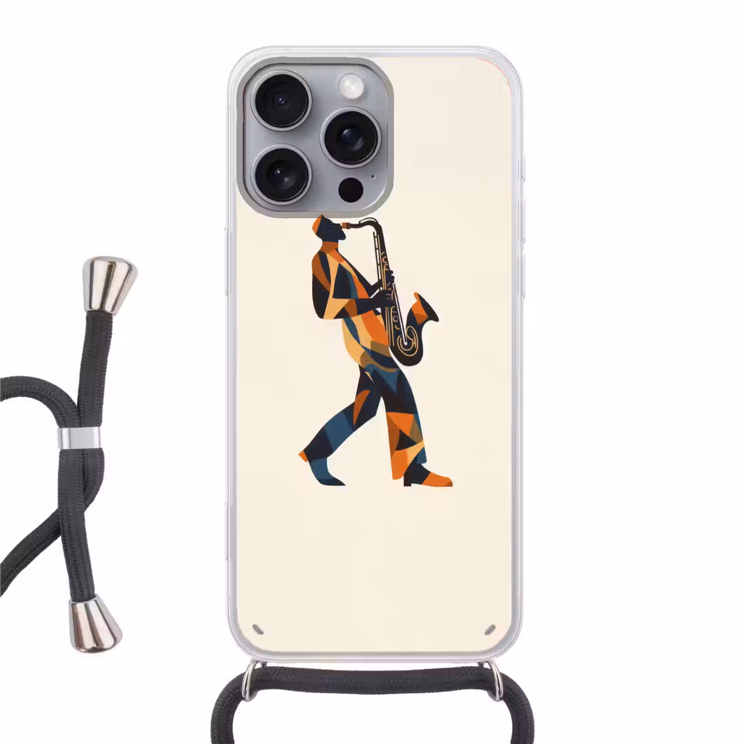 Saxofoon - Abstract - Persoon - Blauw Hoesje iPhone 16 Pro Max met koord klein -3d