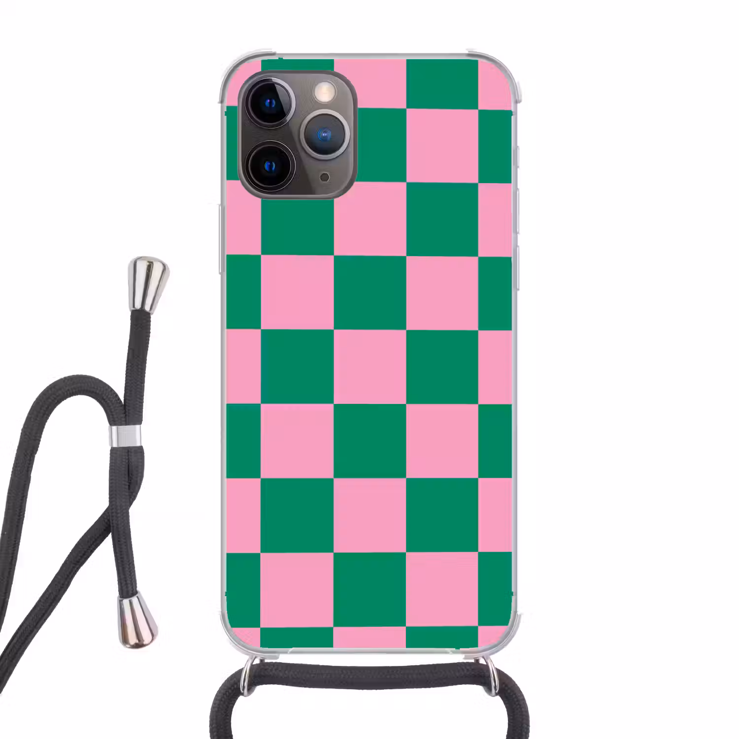 Schaakbord patroon - Groen - Roze - Blokjes Hoesje iPhone 12 Pro met koord klein -3d