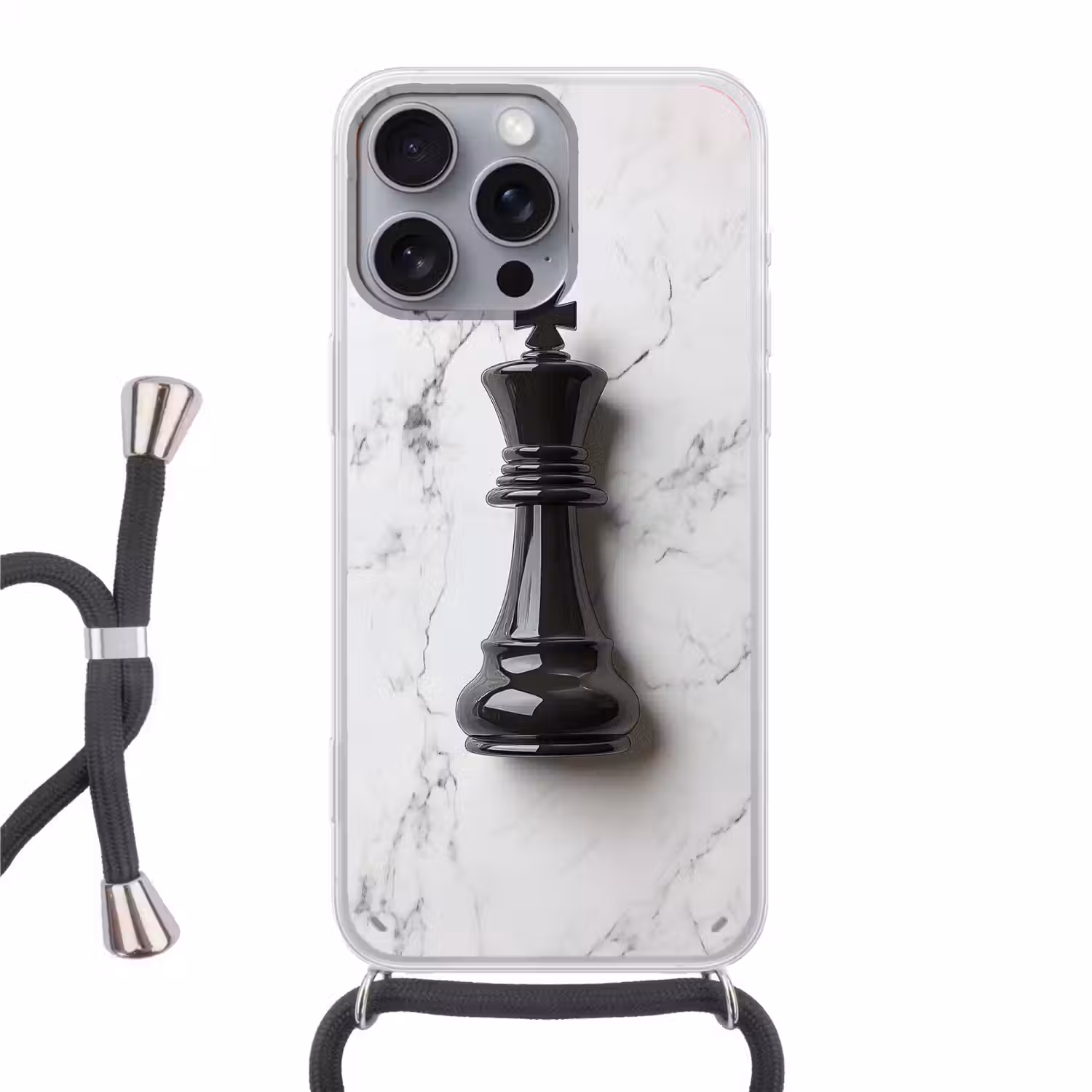 Schaakstuk - Koning - Zwart - Marmer Hoesje iPhone 16 Pro Max met koord klein -3d