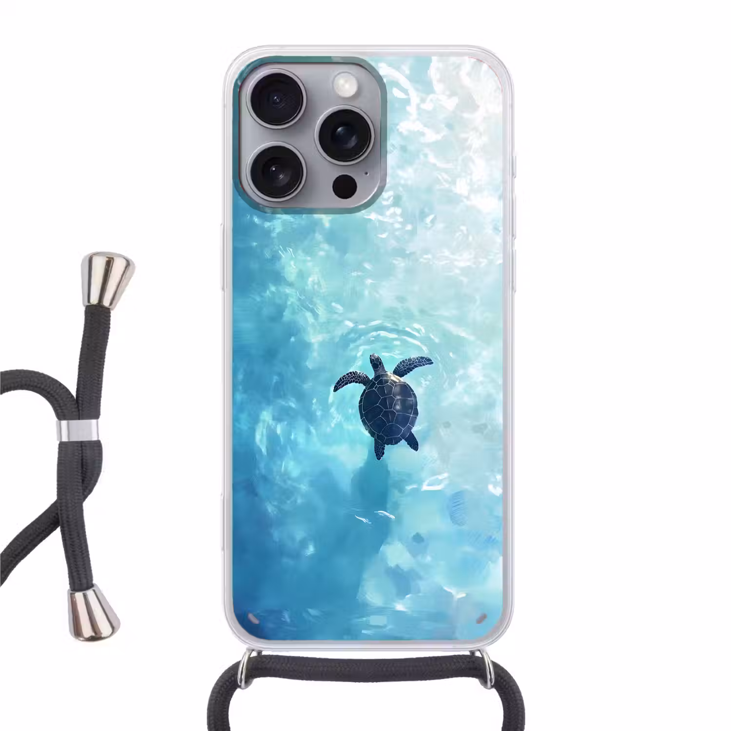 Schildpad - Zee - Blauw - Schittering Hoesje iPhone 16 Pro Max met koord klein -3d