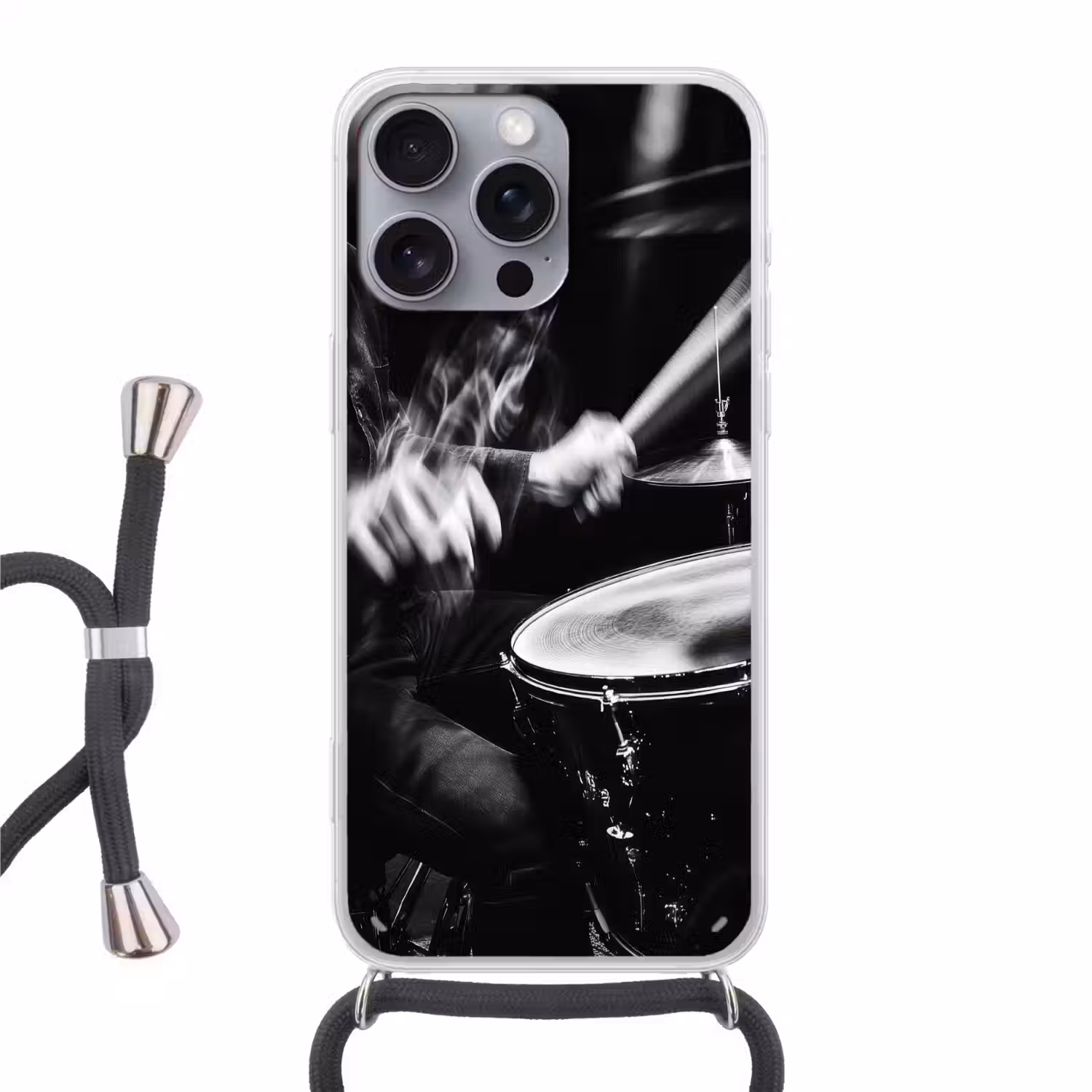 Drummer - Zwart - Drumstel Hoesje iPhone 16 Pro Max met koord klein -3d