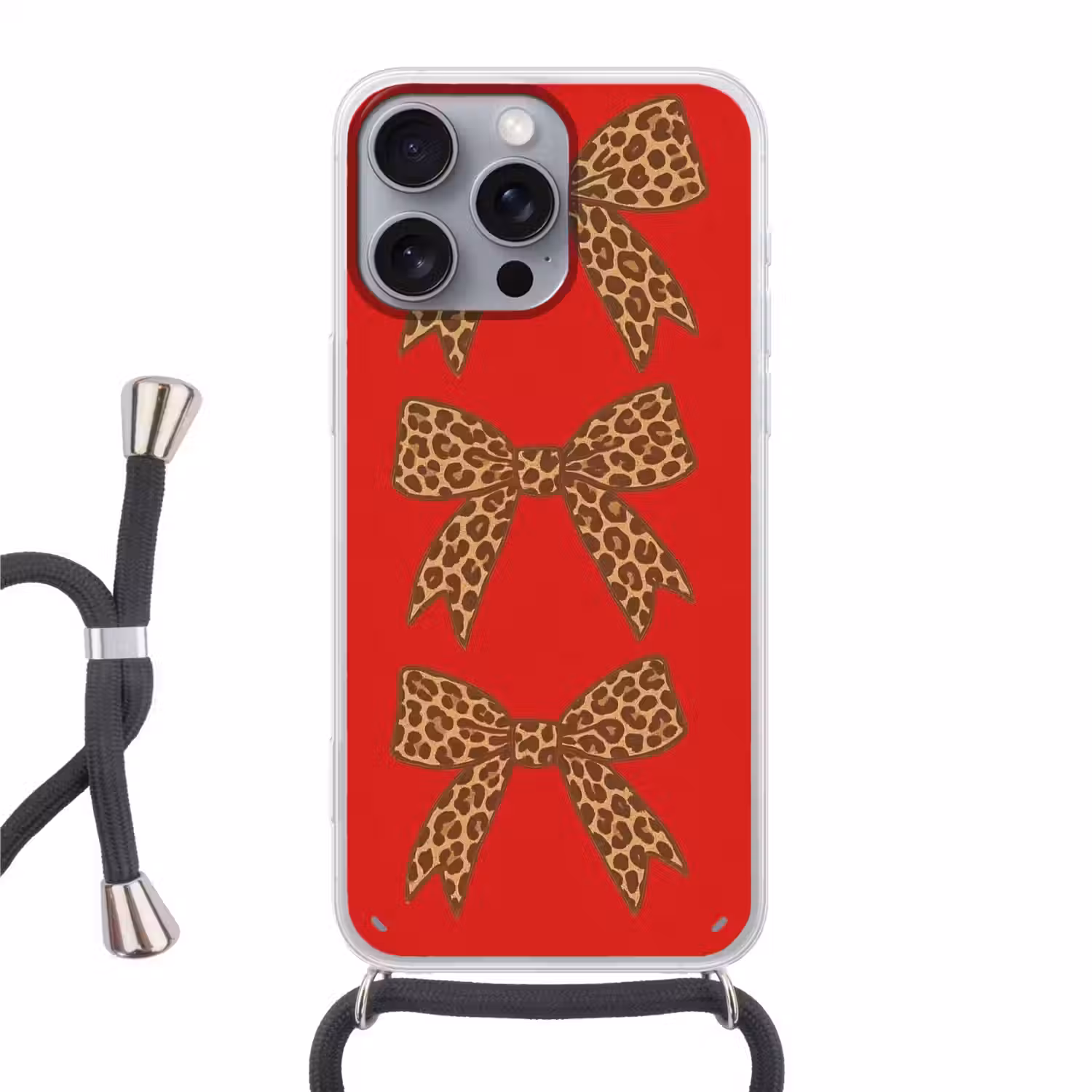 Strikken - Panterprint - Rood Hoesje iPhone 16 Pro Max met koord klein -3d
