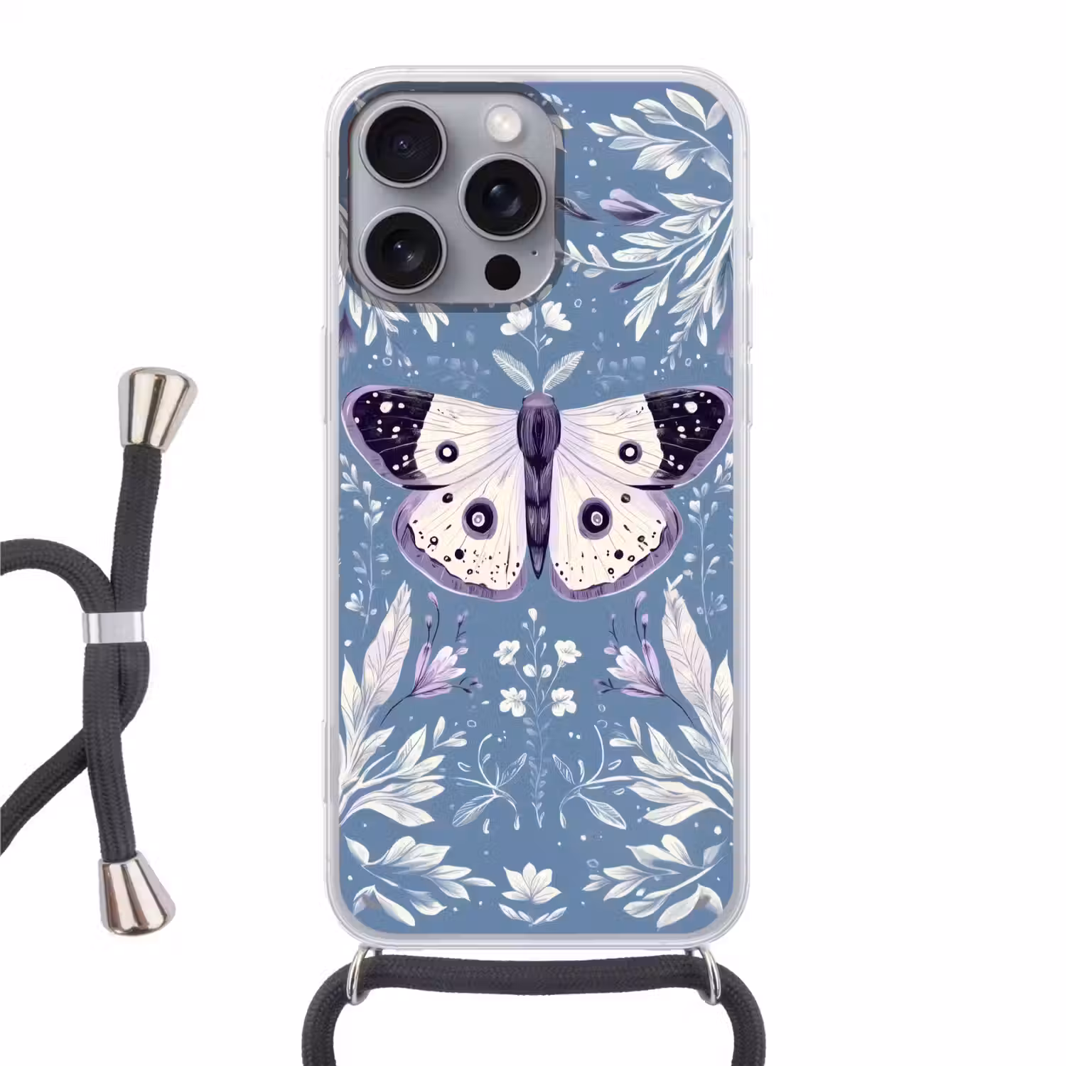Vlinder - Bloemtakken - Lichtblauw Hoesje iPhone 16 Pro Max met koord klein -3d