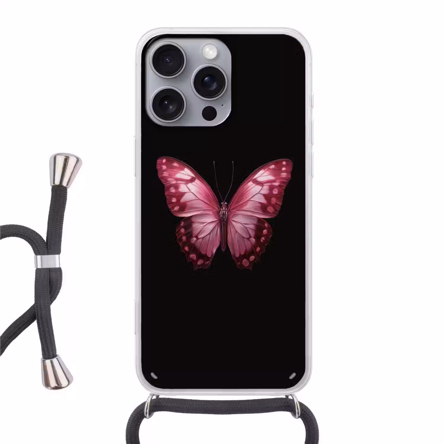 Vlinder - Fuchsia - Grafisch Hoesje iPhone 16 Pro Max met koord klein -3d