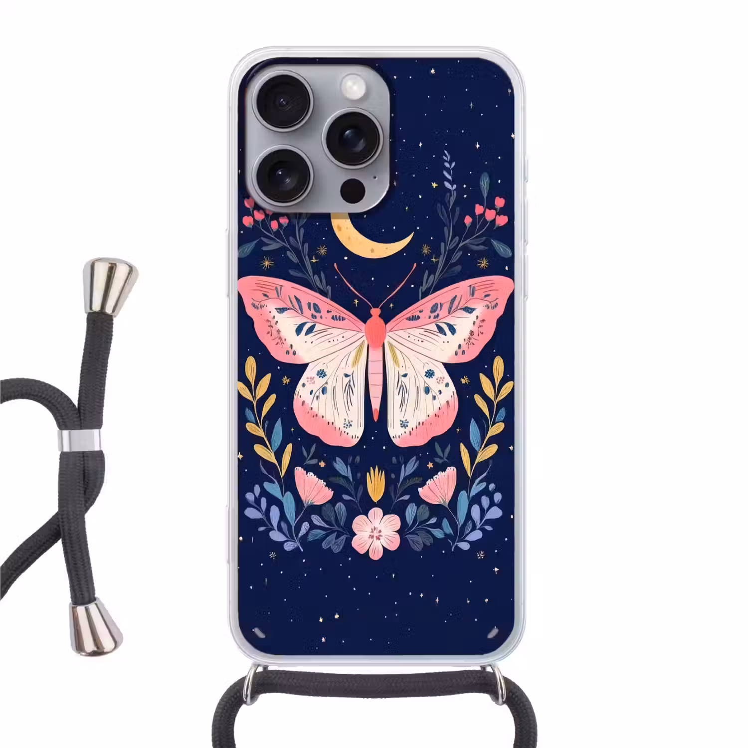 Vlinder - Maan - Bloemen - Sterrenhemel Hoesje iPhone 16 Pro Max met koord klein -3d