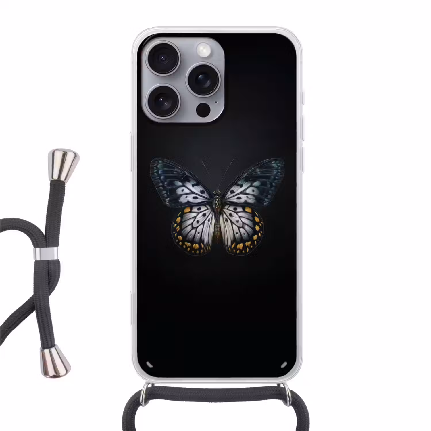 Vlinder - Monochroom - Balans Hoesje iPhone 16 Pro Max met koord klein -3d