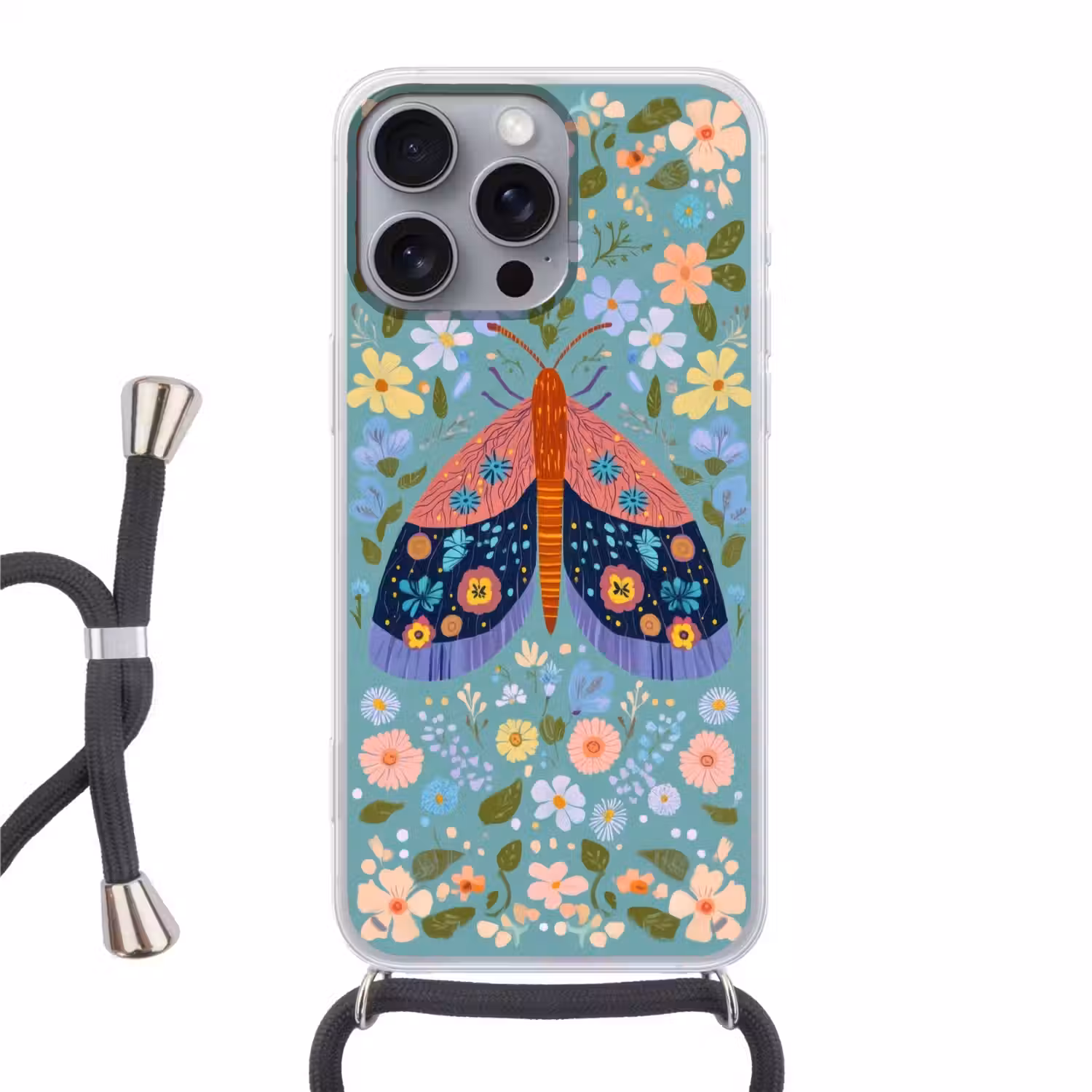 Vlinder - Sierlijk - Bloemen - Bladeren Hoesje iPhone 16 Pro Max met koord klein -3d