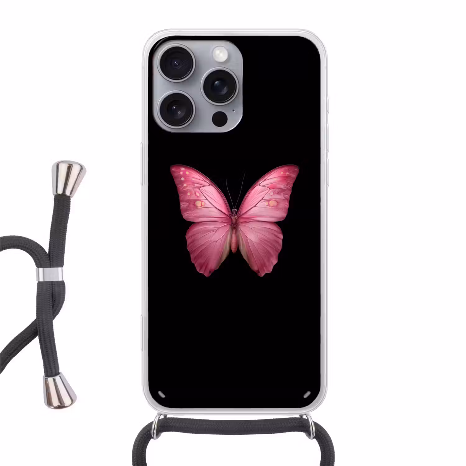 Vlinder - roze - Elegant Hoesje iPhone 16 Pro Max met koord klein -3d