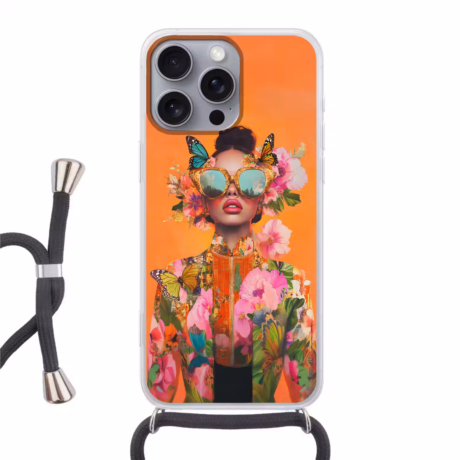Vlinders - Vrouw - Zonnebril - Kleurrijk Hoesje iPhone 16 Pro Max met koord klein -3d