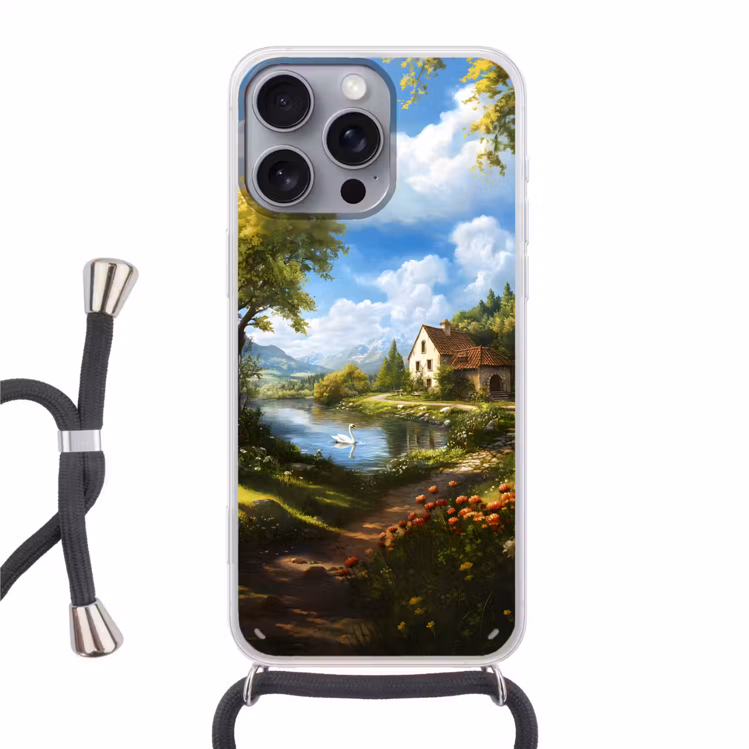Zwaan - Bomen - Rust Hoesje iPhone 16 Pro Max met koord klein -3d