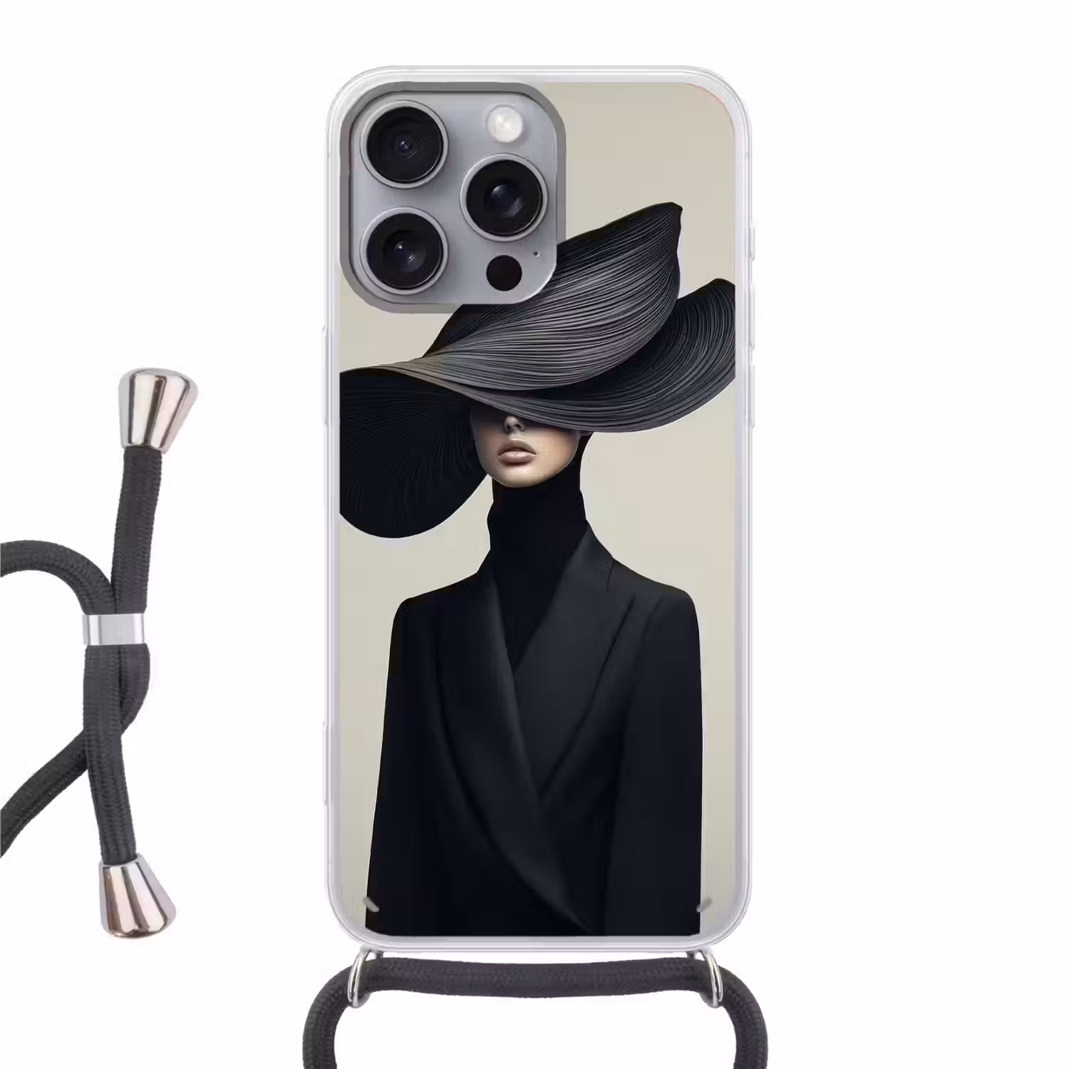 Zwart - Vrouw - Hoed Hoesje iPhone 16 Pro Max met koord klein -3d