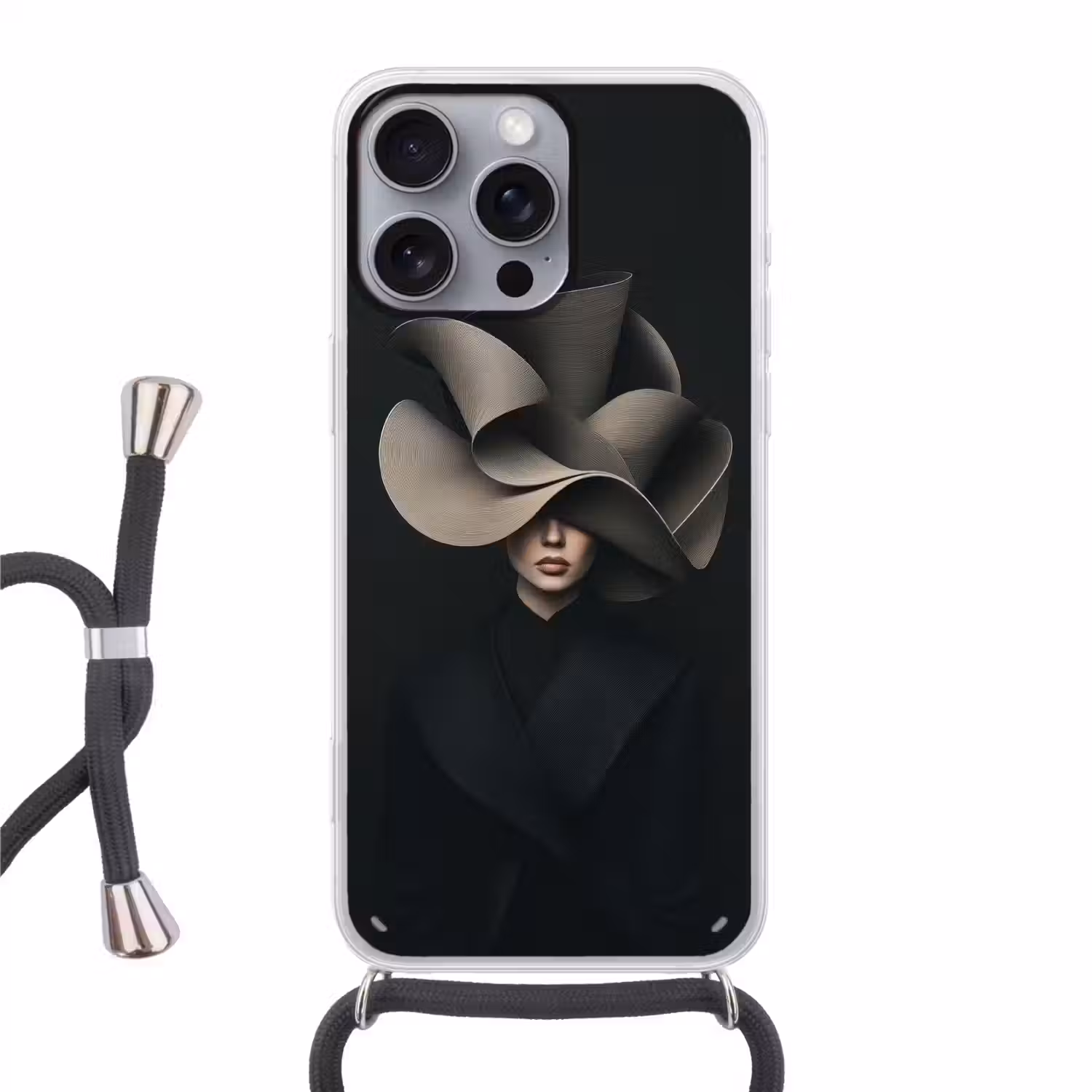 Zwarte - Hoed - Vrouw Hoesje iPhone 16 Pro Max met koord klein -3d