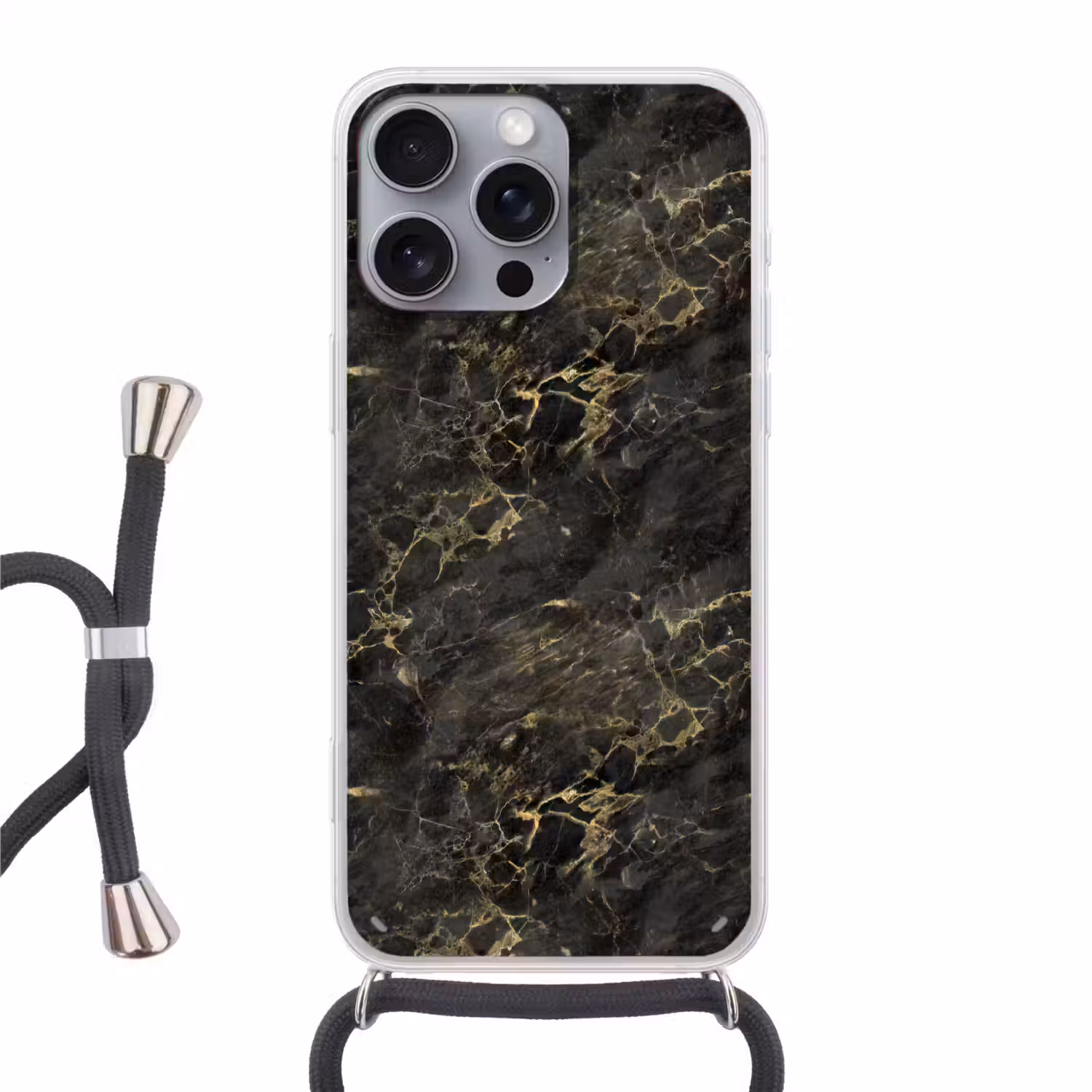 Zwart - Marmer - Goud - Nerf Hoesje iPhone 16 Pro Max met koord klein 804 -3d