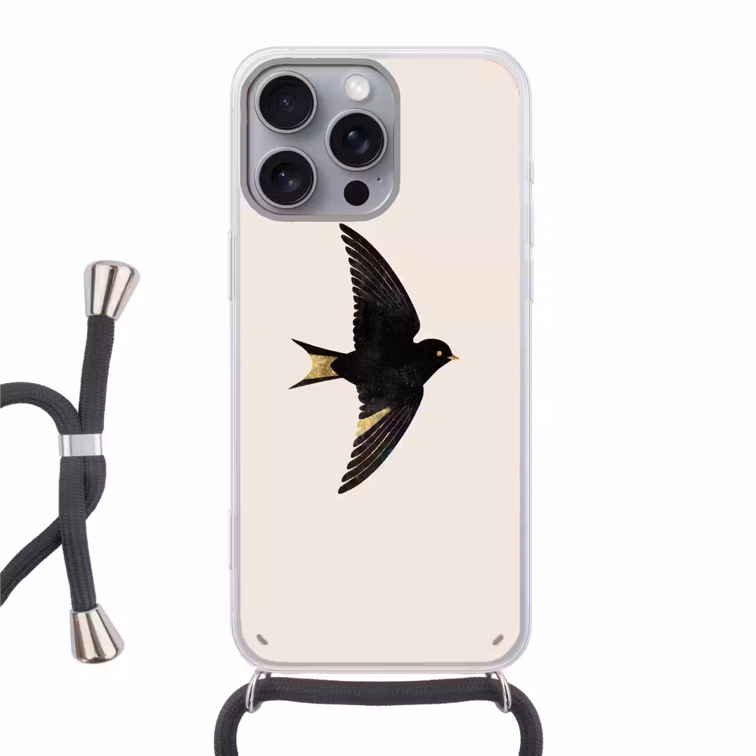 Zwarte zwaluw - Gouden accenten - Lichte achtergrond Hoesje iPhone 16 Pro Max met koord klein -3d
