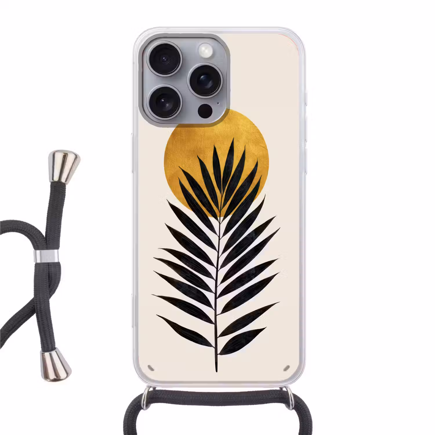 Zwart palmblad - Gouden cirkel - Beige achtergrond Hoesje iPhone 16 Pro Max met koord klein -3d