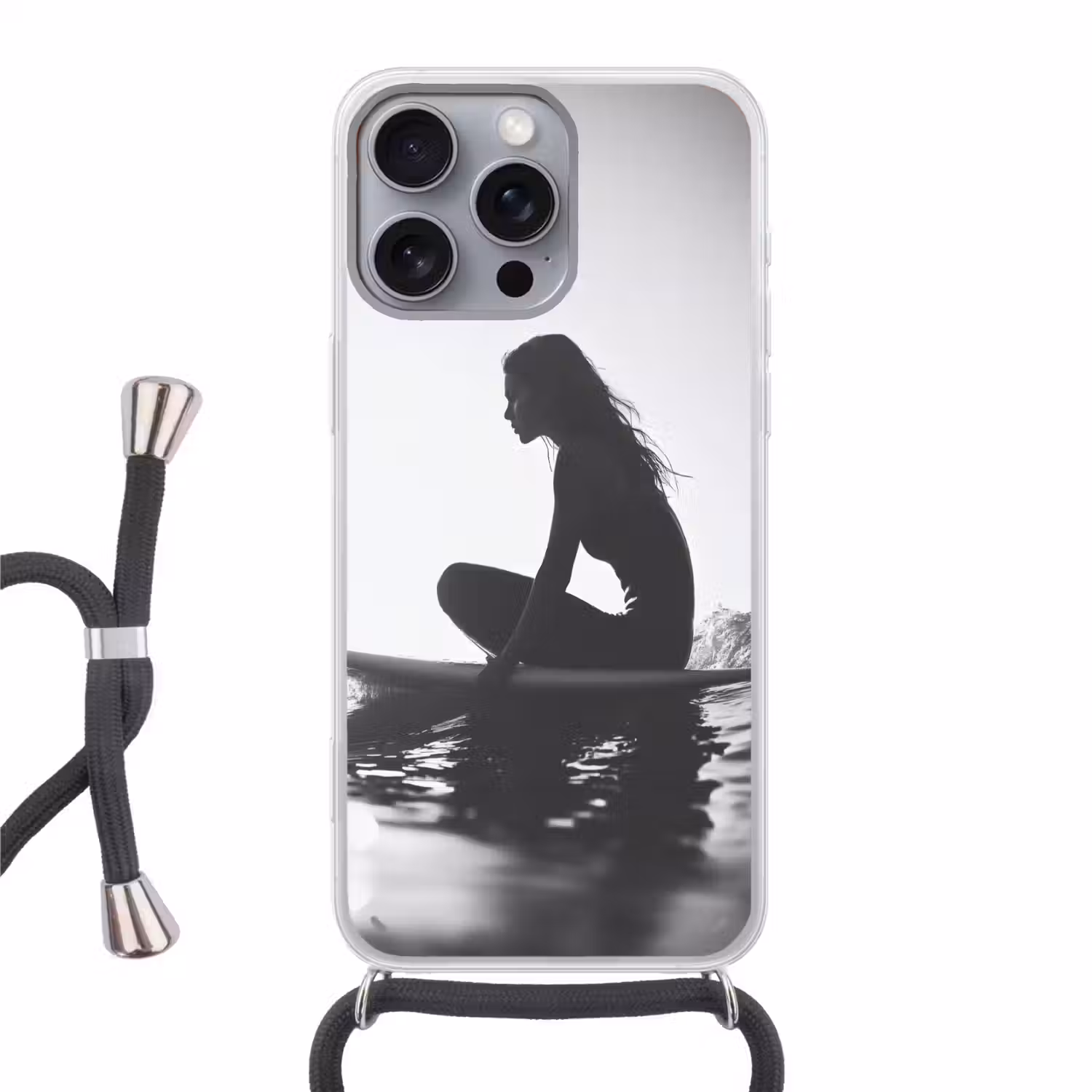Silhouet - Vrouw - Surfplank - Water Hoesje iPhone 16 Pro Max met koord klein -3d