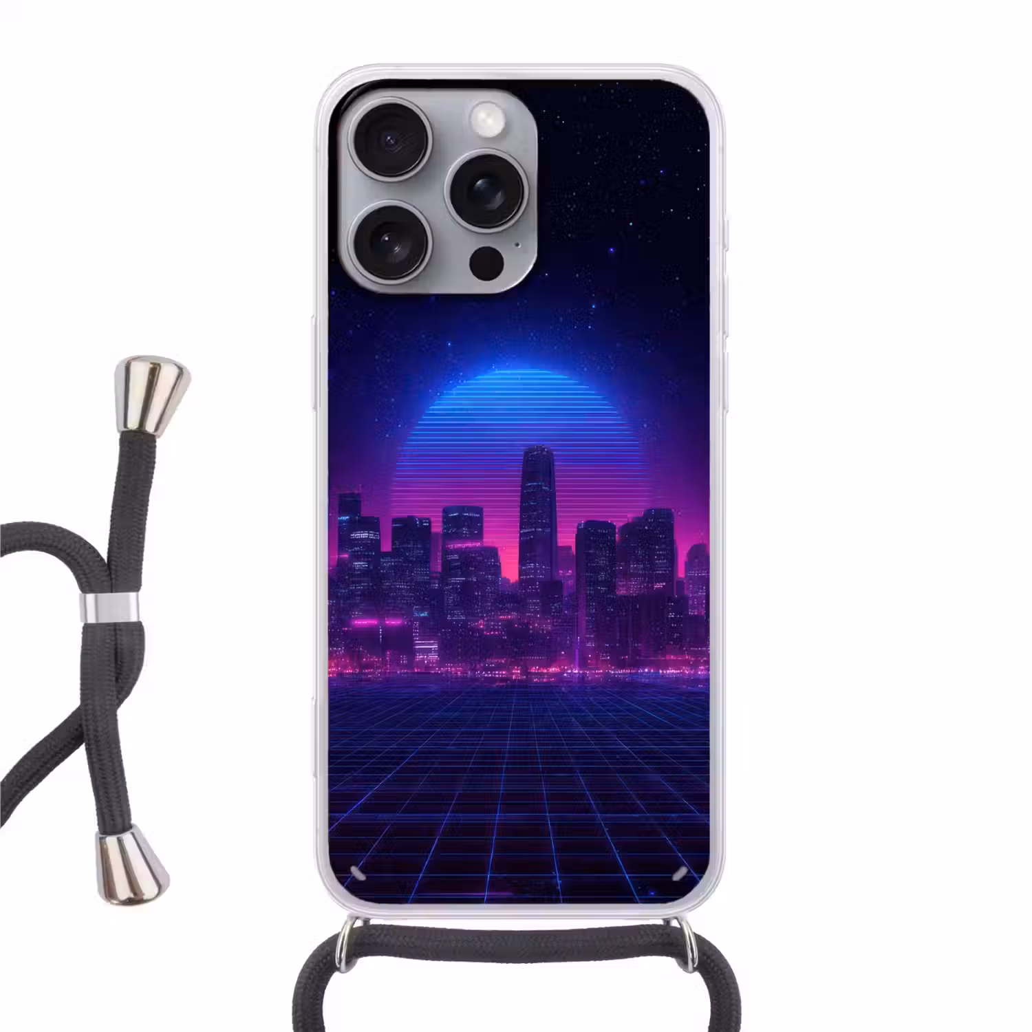 Skyline - Zon - Neon - Rasterpatroon Hoesje iPhone 16 Pro Max met koord klein -3d