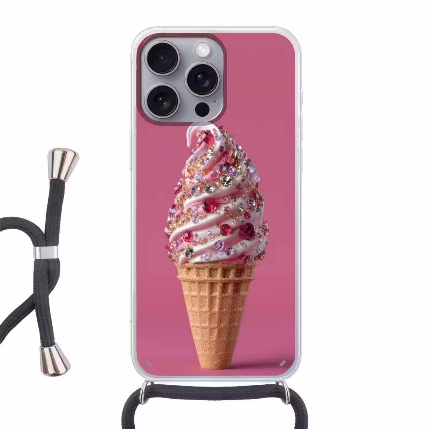 Softijs - Edelstenen - Roze - Hoorntje Hoesje iPhone 16 Pro Max met koord klein -3d