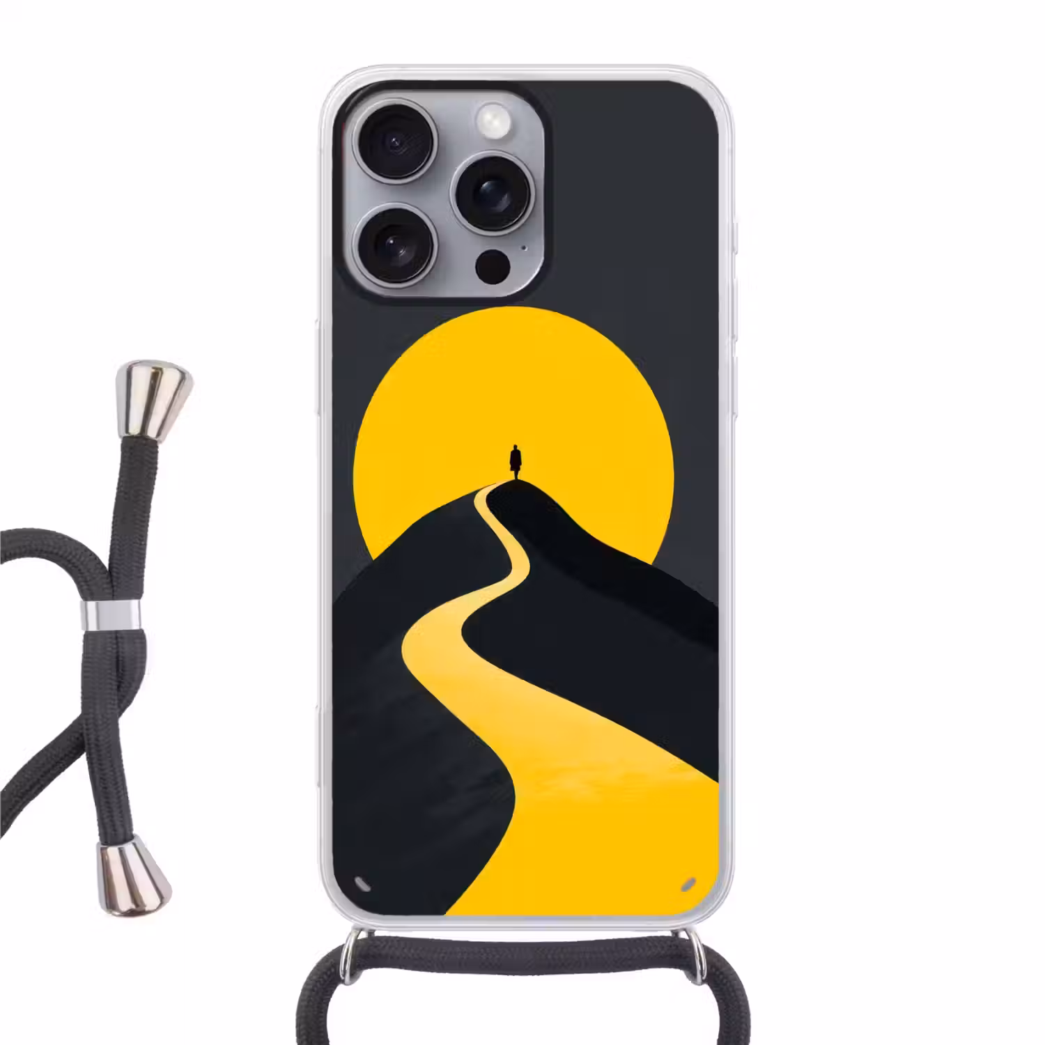 Zon - Heuvel - Pad - Geel Hoesje iPhone 16 Pro Max met koord klein -3d