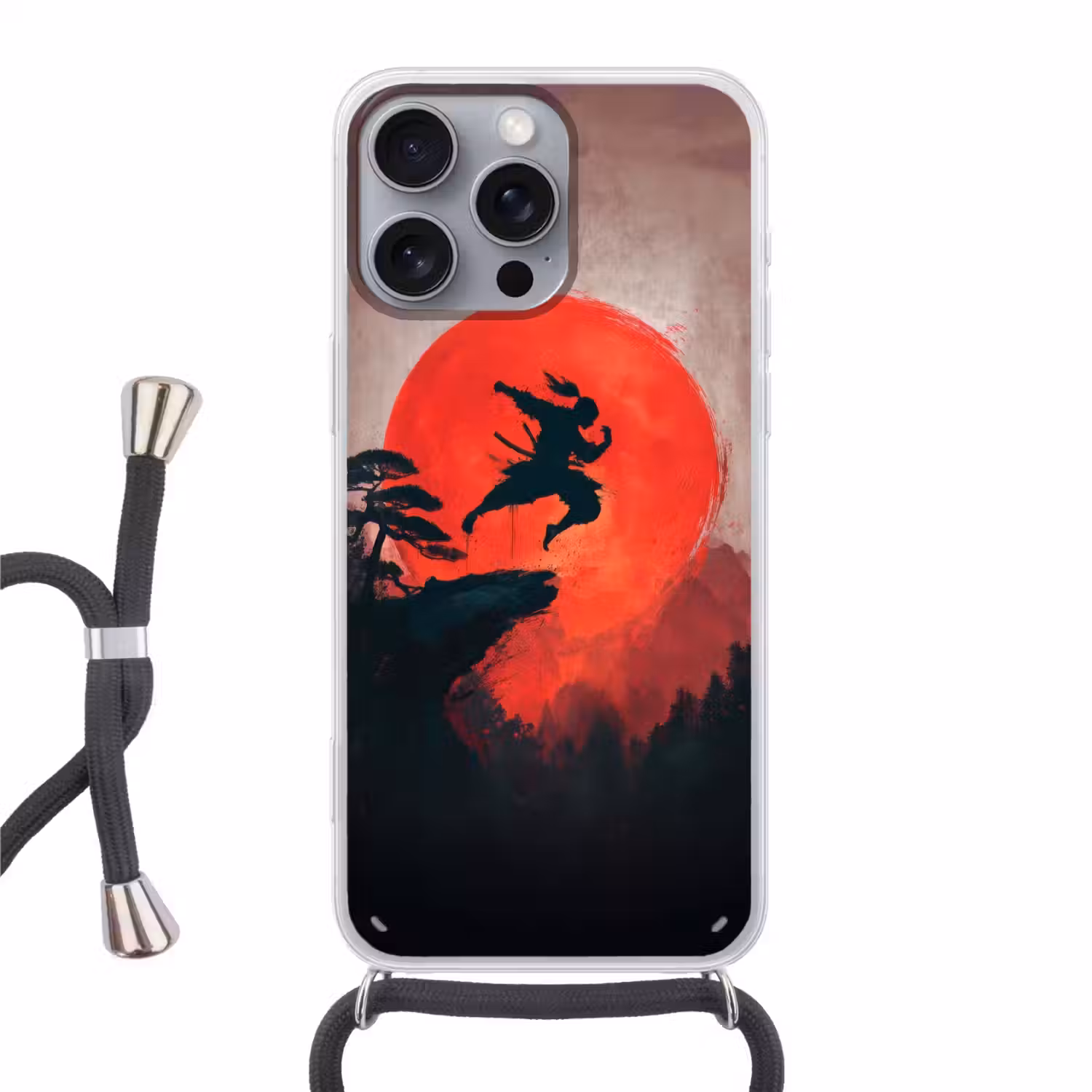 Zon - Krijger - Bomen - Bergen Hoesje iPhone 16 Pro Max met koord klein -3d