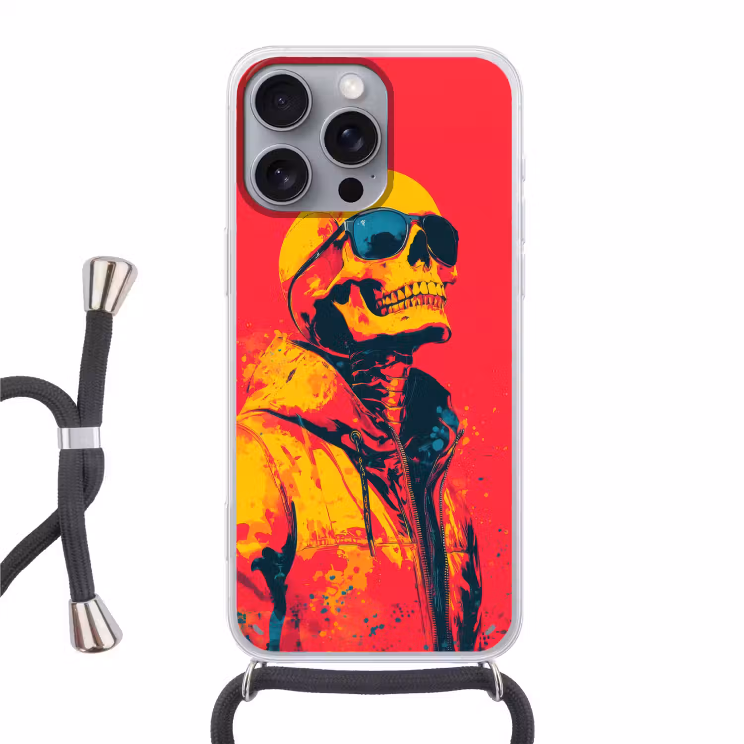 Zonnebril - Schedel - Jas - Rood Hoesje iPhone 16 Pro Max met koord klein -3d