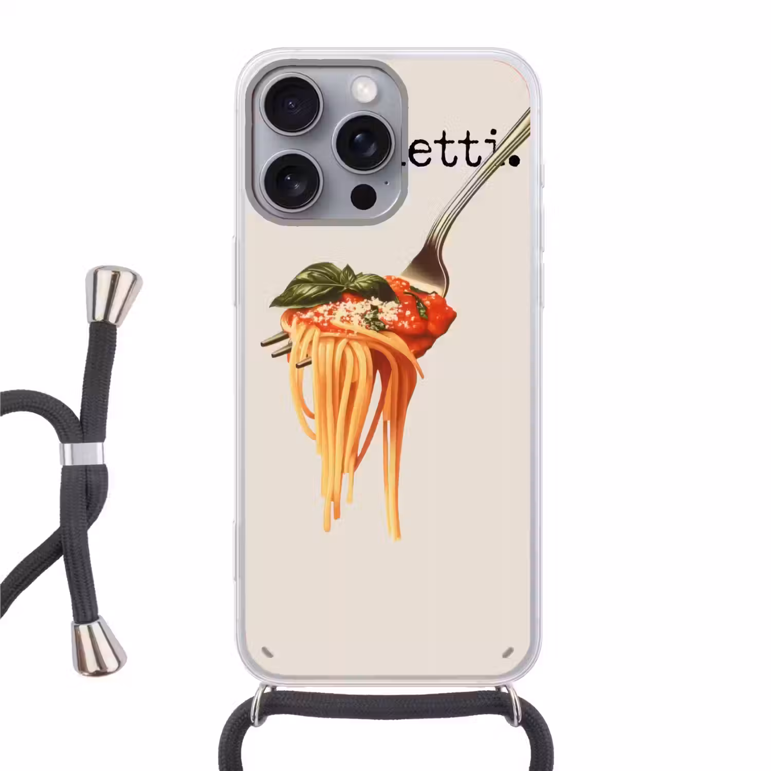 Spaghetti - tomatensaus - Parmezaanse kaas Hoesje iPhone 16 Pro Max met koord klein -3d