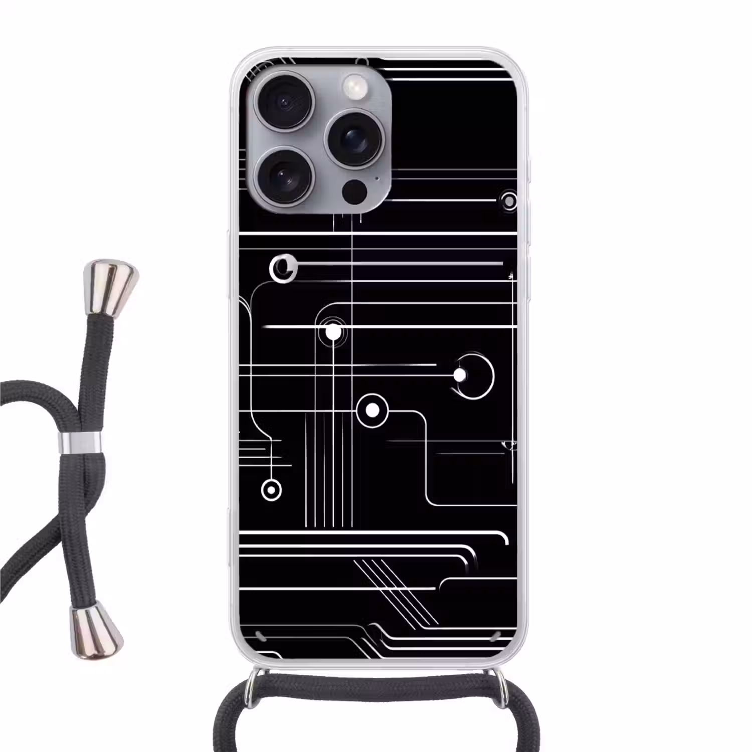 Gaming - Abstract - Lijnen - Rondjes - Zwart Hoesje iPhone 16 Pro Max met koord klein -3d