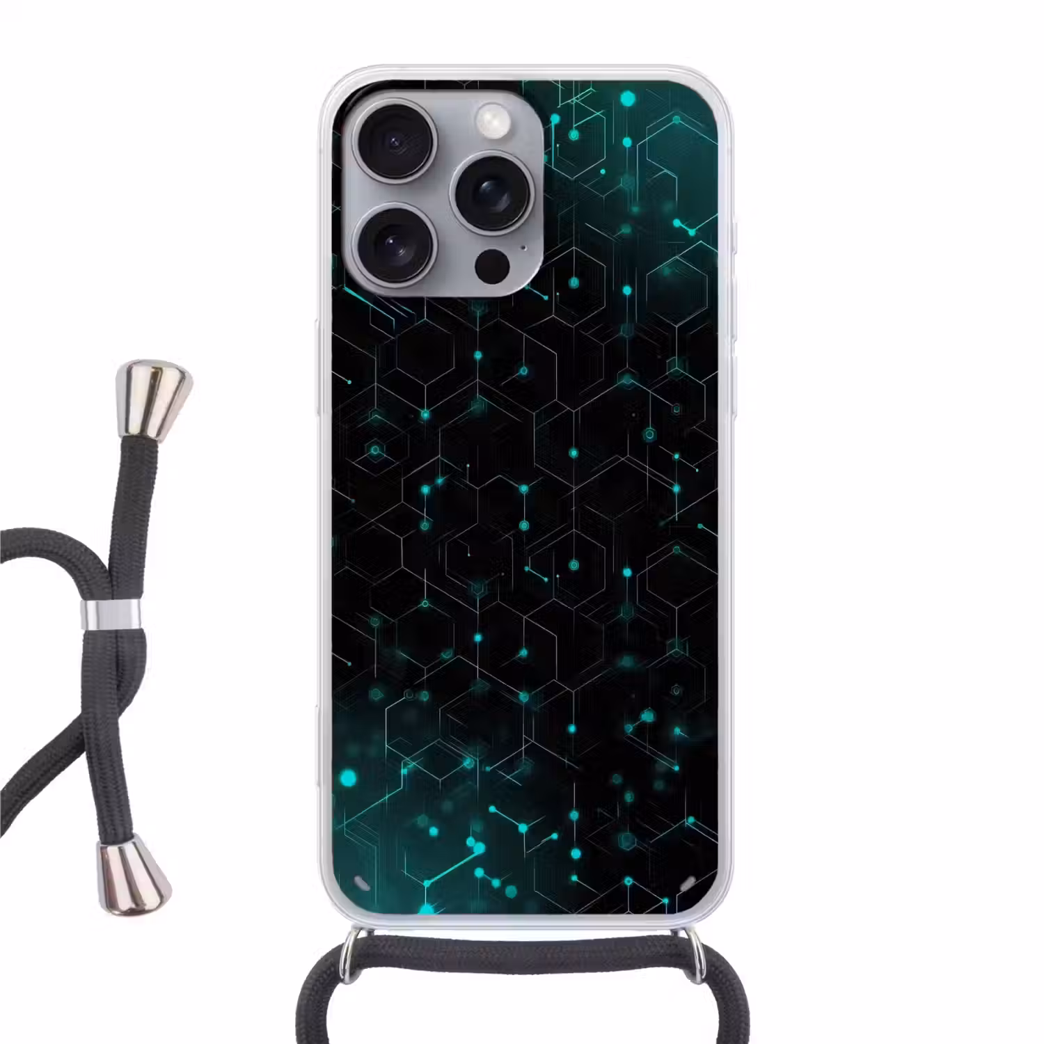 Gaming - Netwerk - Blauw - Punten - Patroon Hoesje iPhone 16 Pro Max met koord klein -3d