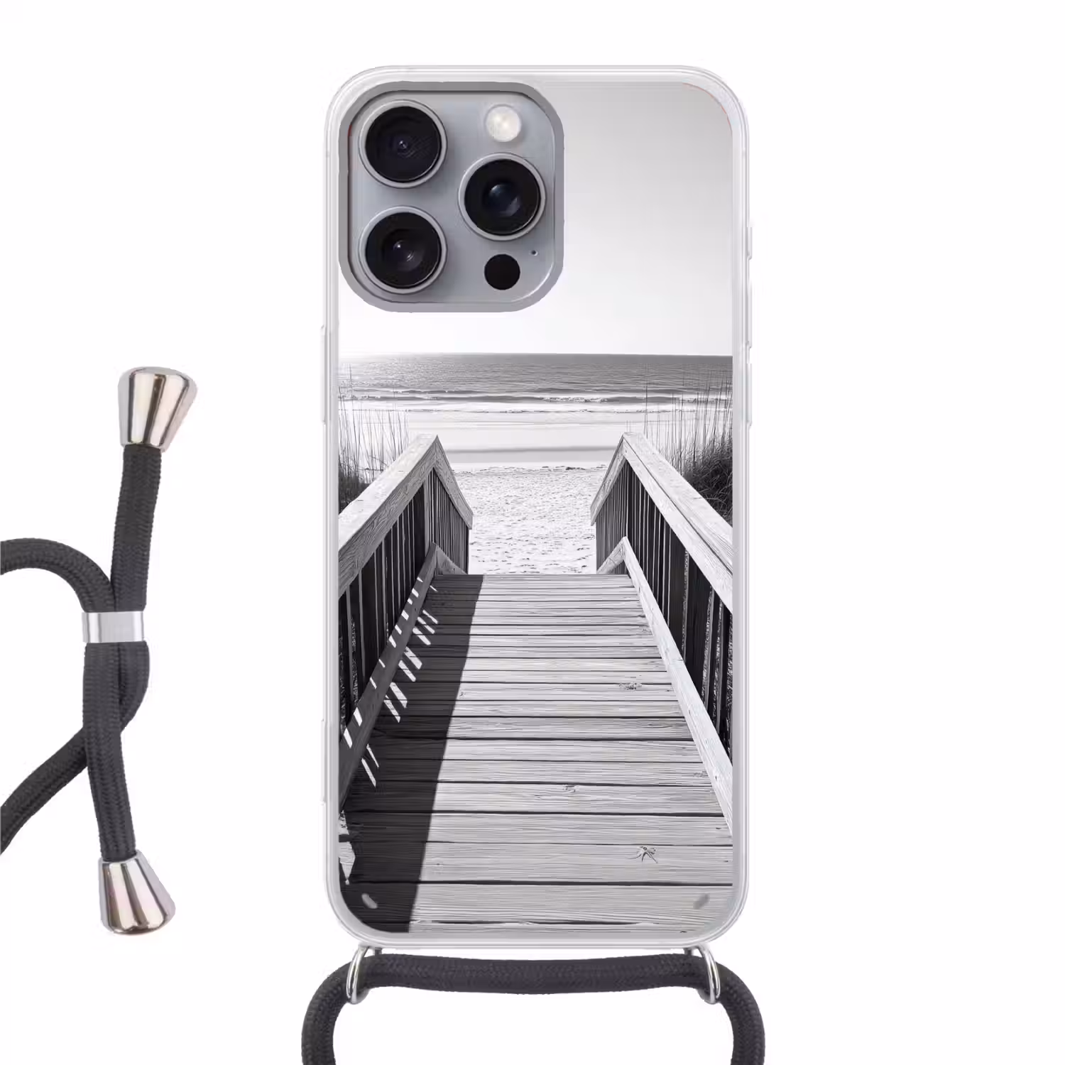 Loopbrug - Hout - Strand - Zee Hoesje iPhone 16 Pro Max met koord klein -3d