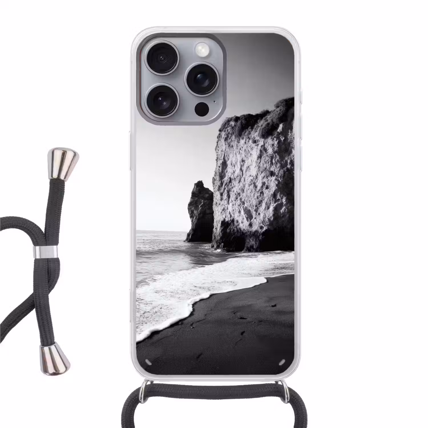 Strand - Klif - Golven - Voetstappen Hoesje iPhone 16 Pro Max met koord klein -3d